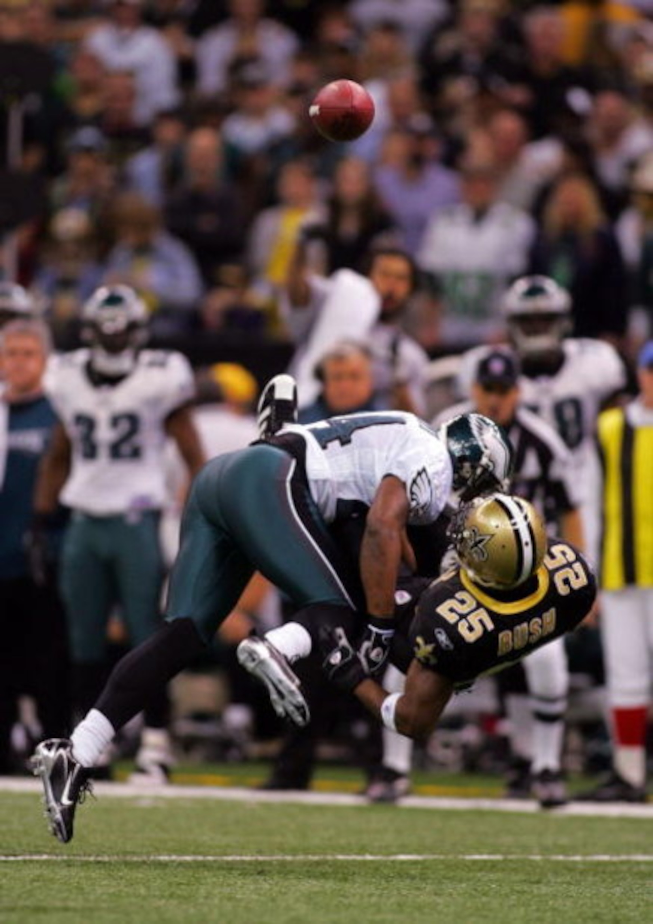 NEW ORLEANS - JANUARY 13: Sheldon Brown #24 of the Philadelphia Eagles breaks up a pass intended for Reggie Bush #25 of the New Orleans Saints during the NFC divisional playoff game at the Superdome on January 13, 2007 in New Orleans, Louisiana. (Photo NEW ORLEANS - JANUARY 13: Sheldon Brown #24 of the Philadelphia Eagles breaks up a pass intended for Reggie Bush #25 of the New Orleans Saints during the NFC divisional playoff game at the Superdome on January 13, 2007 in New Orleans, Louisiana. (Photo