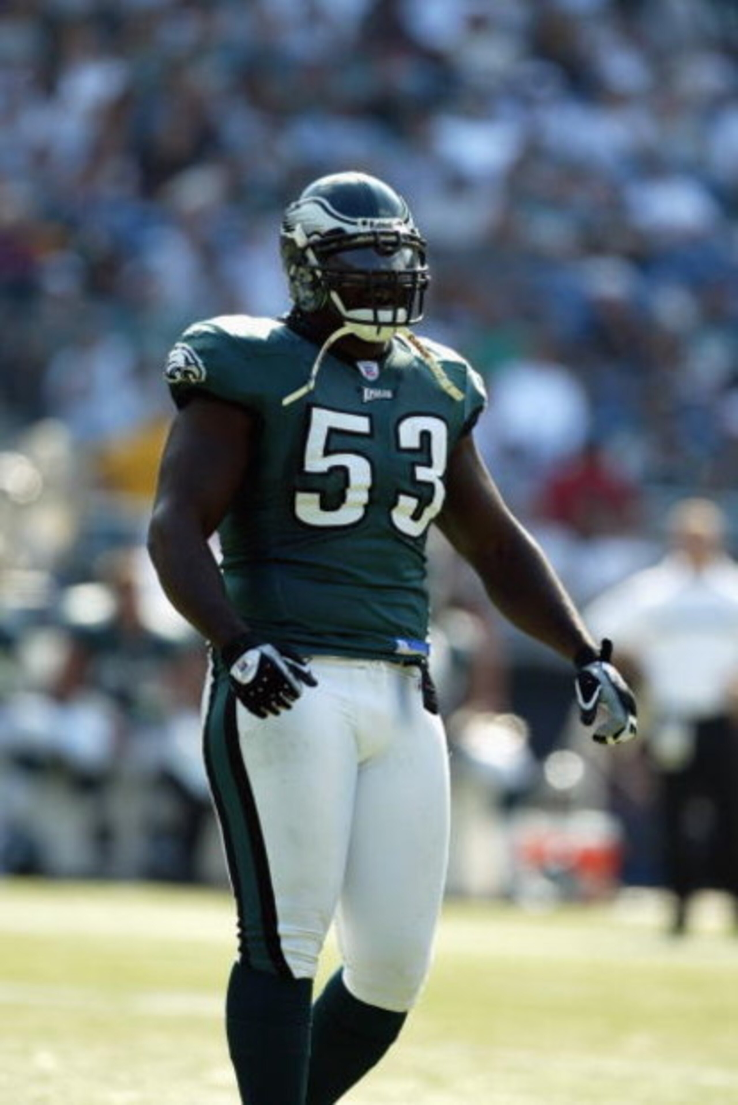 PHILADELPHIA - SEPTEMBER 29: Defensive end Hugh Douglas #53 of the Philadelphia Eagles stands on the field during the NFL game against the Houston Texans on September 29, 2002 at Veterens Stadium in Philadelphia, Pennsylvania. The Eagles won 35-17. (Ph PHILADELPHIA - SEPTEMBER 29: Defensive end Hugh Douglas #53 of the Philadelphia Eagles stands on the field during the NFL game against the Houston Texans on September 29, 2002 at Veterens Stadium in Philadelphia, Pennsylvania. The Eagles won 35-17. (Ph