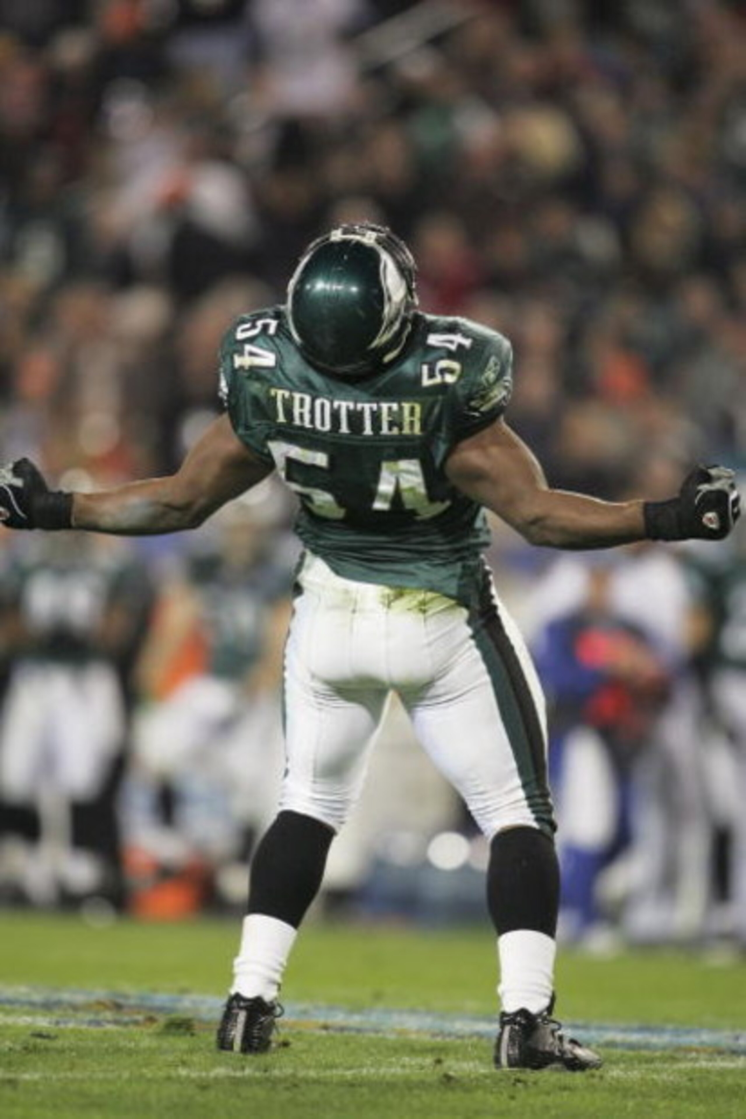 JACKSONVILLE, FL - FEBRUARY 6: Linebacker Jeremiah Trotter #54 of the Philadelphia Eagles celebrates after making a play against the New England Patriots in Super Bowl XXXIX at Alltel Stadium on February 6, 2005 in Jacksonville, Florida. The Patriots def JACKSONVILLE, FL - FEBRUARY 6: Linebacker Jeremiah Trotter #54 of the Philadelphia Eagles celebrates after making a play against the New England Patriots in Super Bowl XXXIX at Alltel Stadium on February 6, 2005 in Jacksonville, Florida. The Patriots def