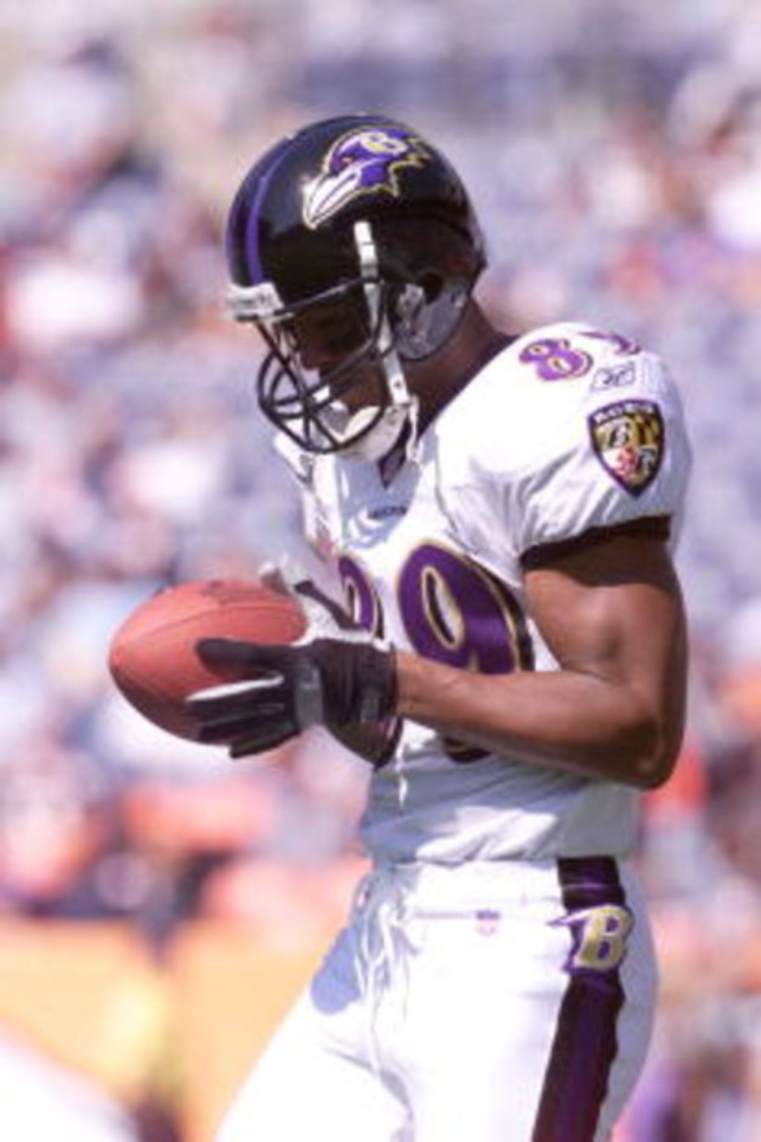 30 Sep 2001: Travis Taylor of the Baltimore Ravens holds the ball during the game against the Denver Broncos at Mile High Stadium in Denver, Colorado. The Ravens won 20-13. DIGITAL IMAGE. Mandatory Credit: Brian Bahr/Allsport
