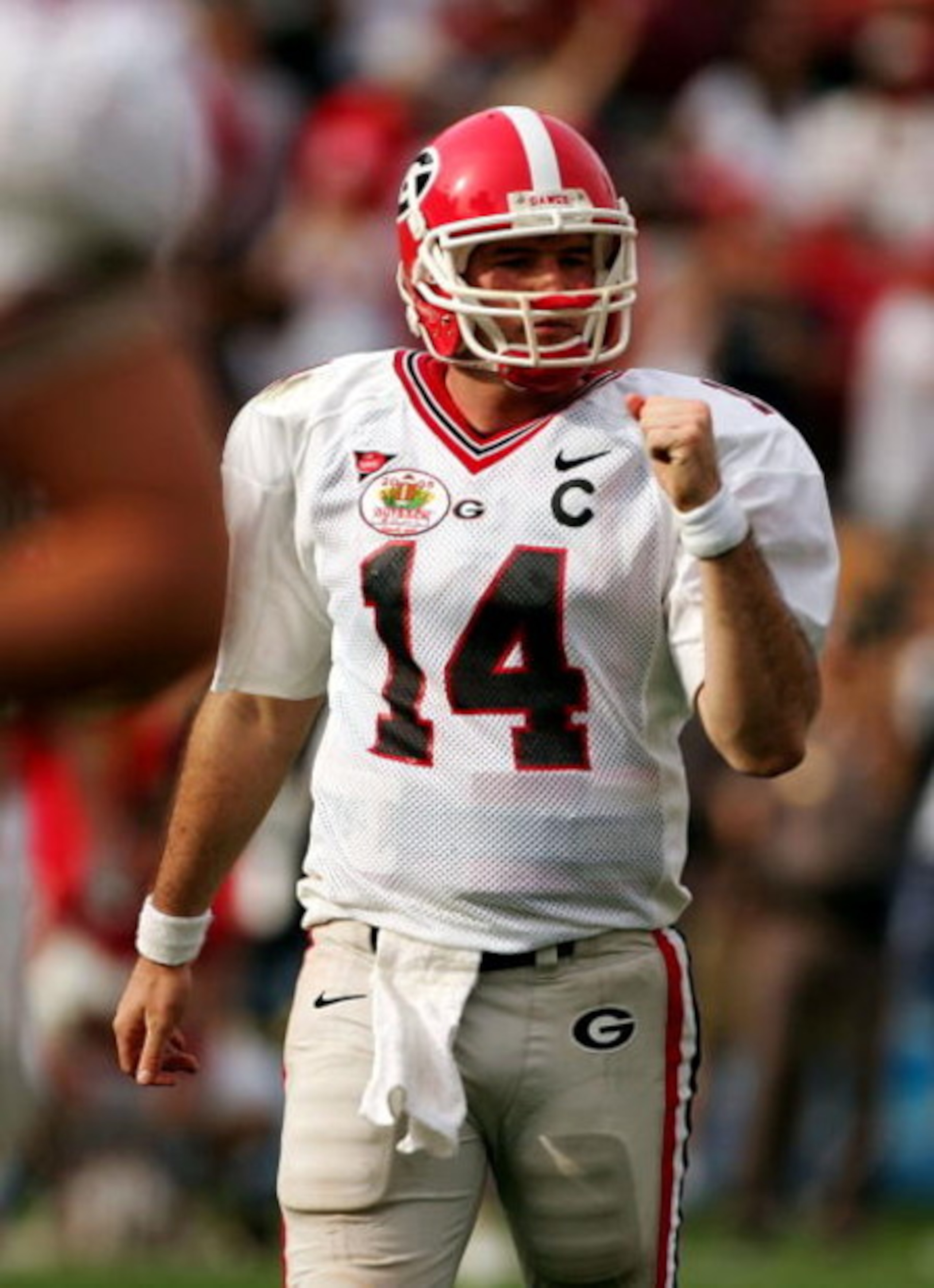 TAMPA, FL - JANUARY 1:  Georgia quarterback David Greene #14 celebrates a play in the second half of the game against Wisconsin at the Outback Bowl on January 1, 2005 at Raymond James Stadium in Tampa, Florida.  (Photo by Scott Halleran/Getty Images)