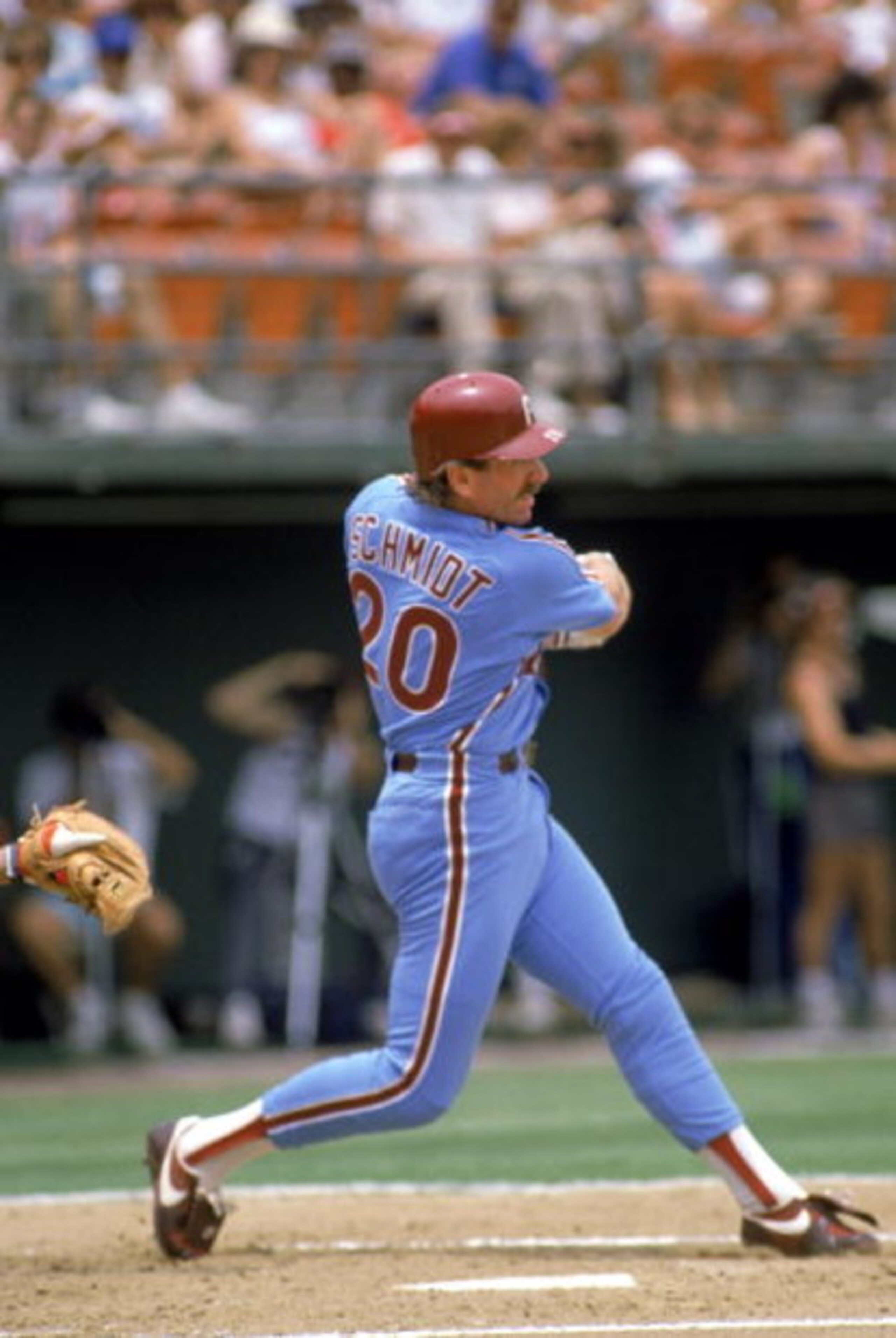 SAN DIEGO - 1986: Third baseman Mike Schmidt #20 of the Philadelphia Phillies swings at the pitch during the 1986 season MLB game against the San Diego Padres at Jack Murphy Stadium in San Diego, California. (Photo by Stephen Dunn/Getty Images) SAN DIEGO - 1986: Third baseman Mike Schmidt #20 of the Philadelphia Phillies swings at the pitch during the 1986 season MLB game against the San Diego Padres at Jack Murphy Stadium in San Diego, California. (Photo by Stephen Dunn/Getty Images)