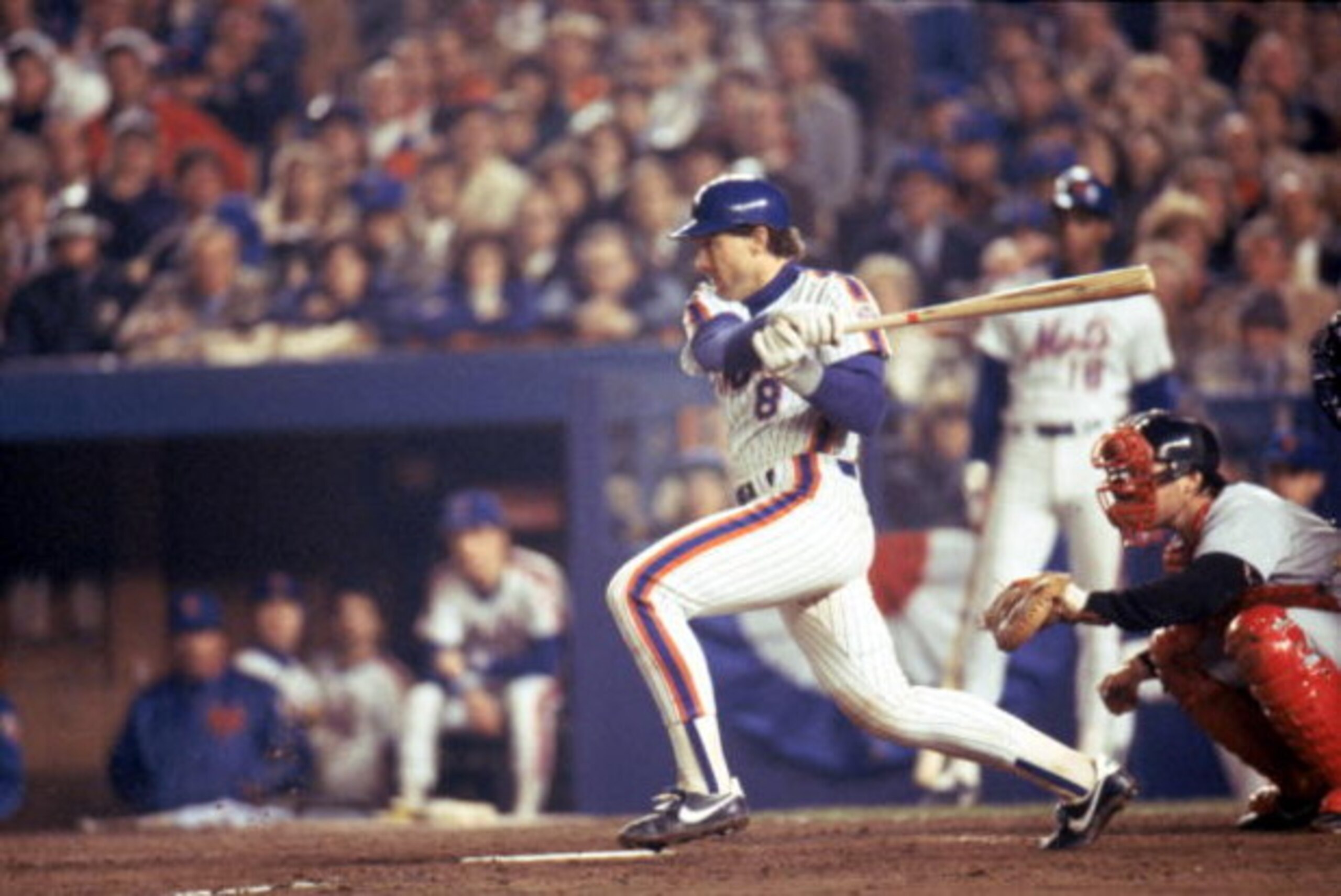 NEW YORK - 1986: Gary Carter #8 of the New York Mets swings at the pitch during the 1986 World Series game against the Boston Red Sox at Shea Stadium on in New York City, New York. The Mets won 4-3. (Photo by Getty Images) NEW YORK - 1986: Gary Carter #8 of the New York Mets swings at the pitch during the 1986 World Series game against the Boston Red Sox at Shea Stadium on in New York City, New York. The Mets won 4-3. (Photo by Getty Images)