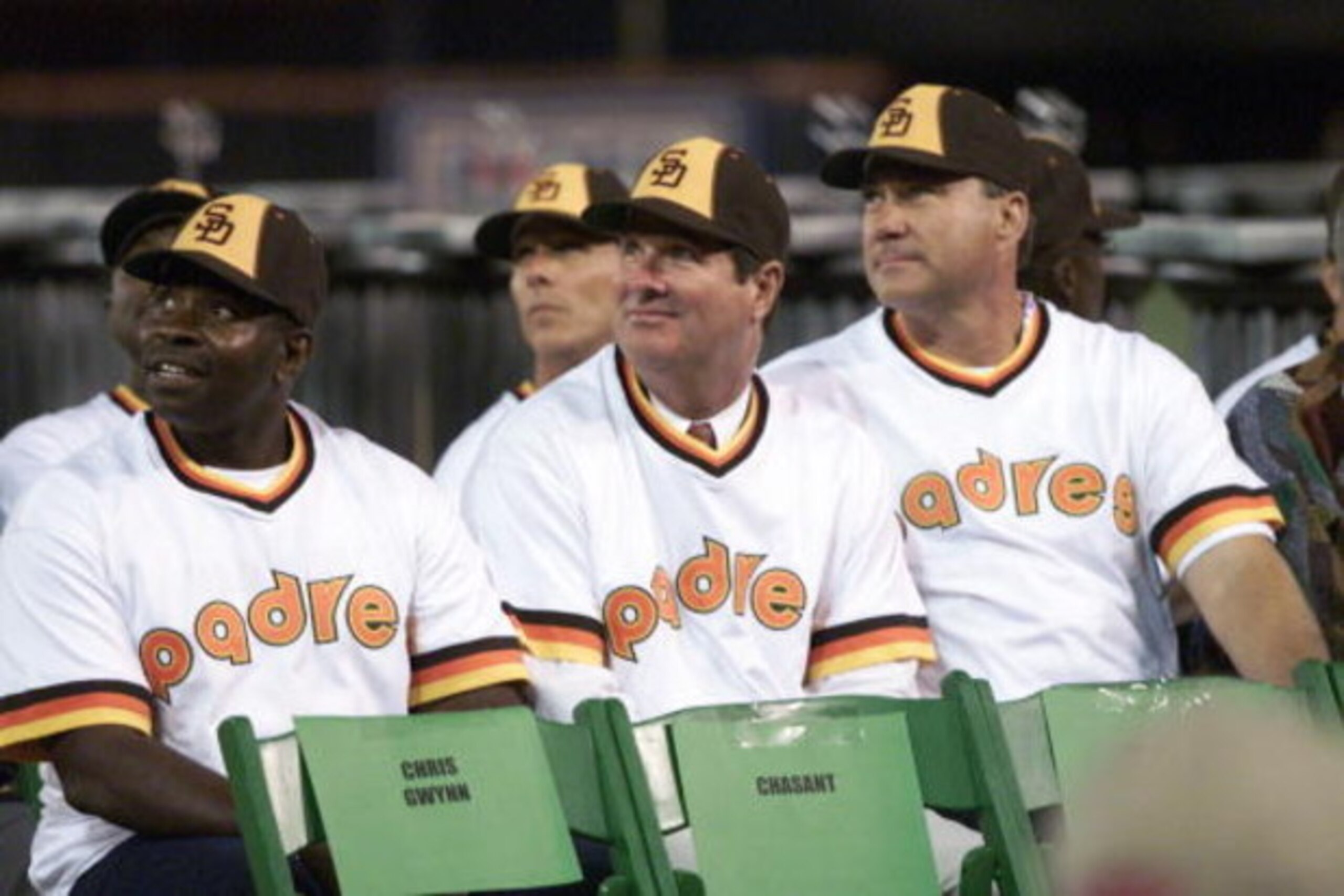 7 Oct 01: (Left to right: first baseman Broderick Perkins, pitcher John Curtis, catcher Terry Kennedy) Members of the starting lineup of San Diego Padres outfielder Tony Gwynn's first Major League game watch the video board during Gwynn's retirement ce 7 Oct 01: (Left to right: first baseman Broderick Perkins, pitcher John Curtis, catcher Terry Kennedy) Members of the starting lineup of San Diego Padres outfielder Tony Gwynn's first Major League game watch the video board during Gwynn's retirement ce