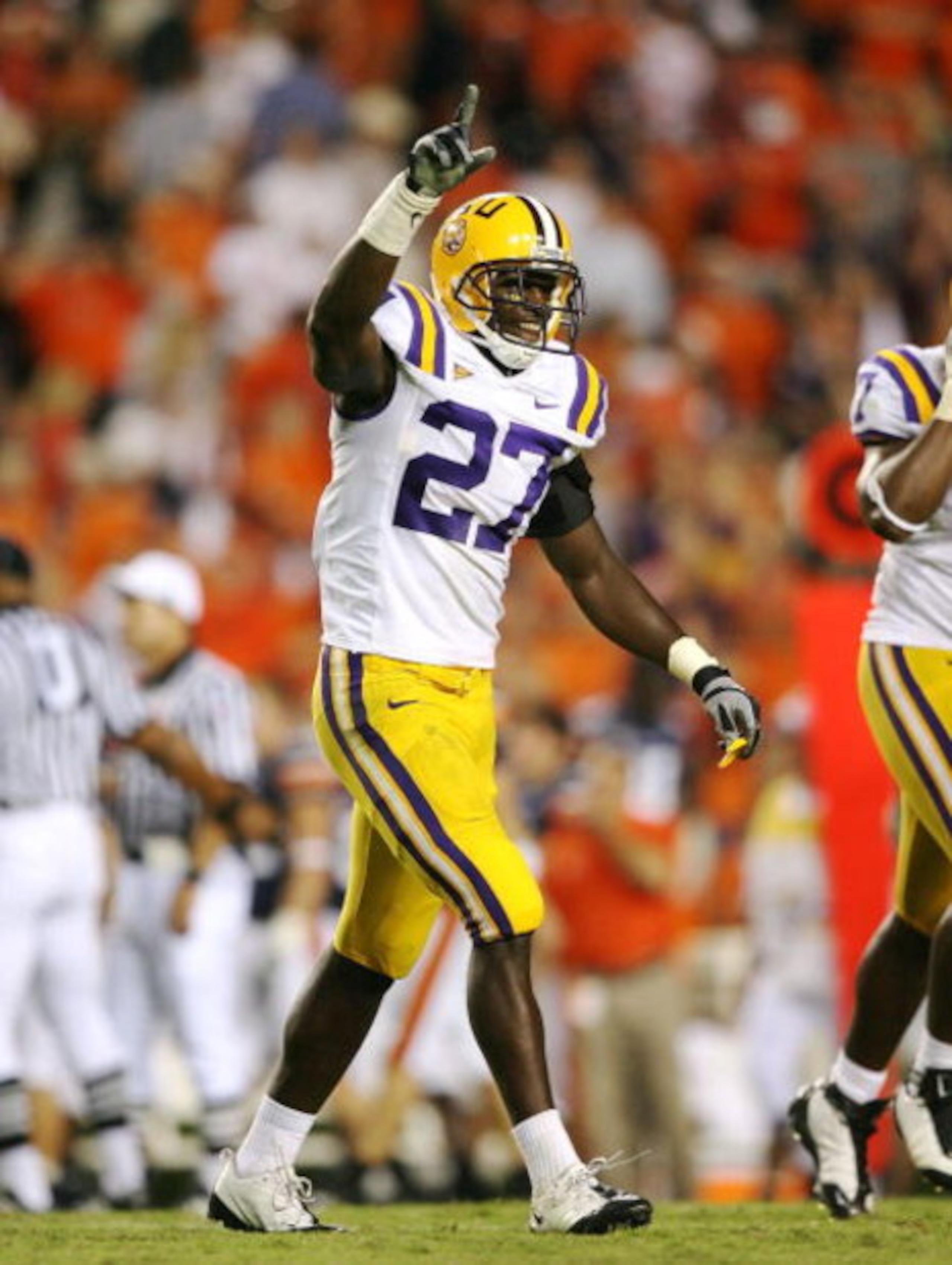 AUBURN, AL - SEPTEMBER 20:  Safety Curtis Taylor #27 of the LSU Tigers celebrates after stopping the Auburn Tigers on fourth down with less than a minute to play at Jordan-Hare Stadium on September 20, 2008 in Auburn, Alabama. LSU defeated Auburn 26-21.  