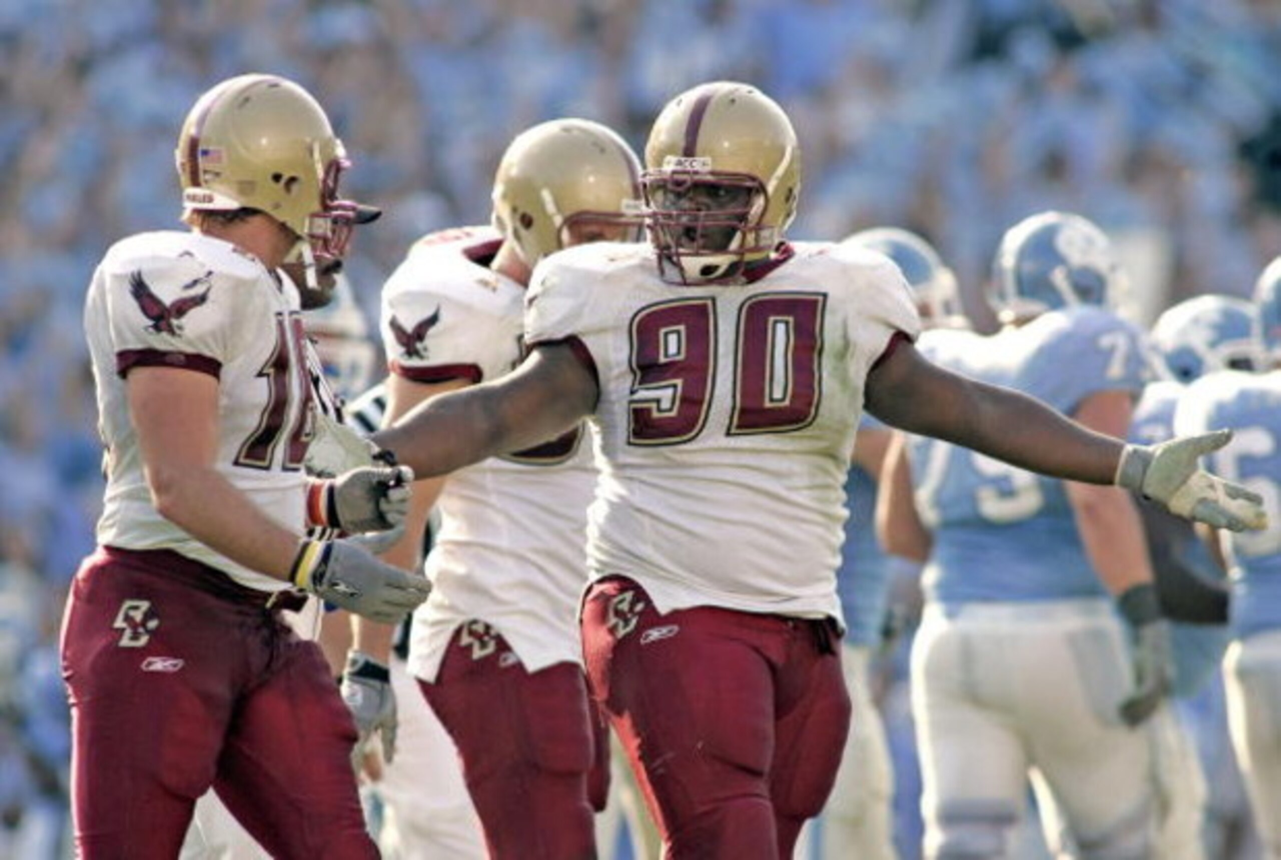 CHAPEL HILL, NC - NOVEMBER 5: B.J. Raji #90 and Brian Toal of the Boston College Eagles talk after giving up a field goal to the North Carolina Tar Heels during an Atlantic Coast Conference game on November 5, 2005 at Kenan Stadium in Chapel Hill, North CHAPEL HILL, NC - NOVEMBER 5: B.J. Raji #90 and Brian Toal of the Boston College Eagles talk after giving up a field goal to the North Carolina Tar Heels during an Atlantic Coast Conference game on November 5, 2005 at Kenan Stadium in Chapel Hill, North