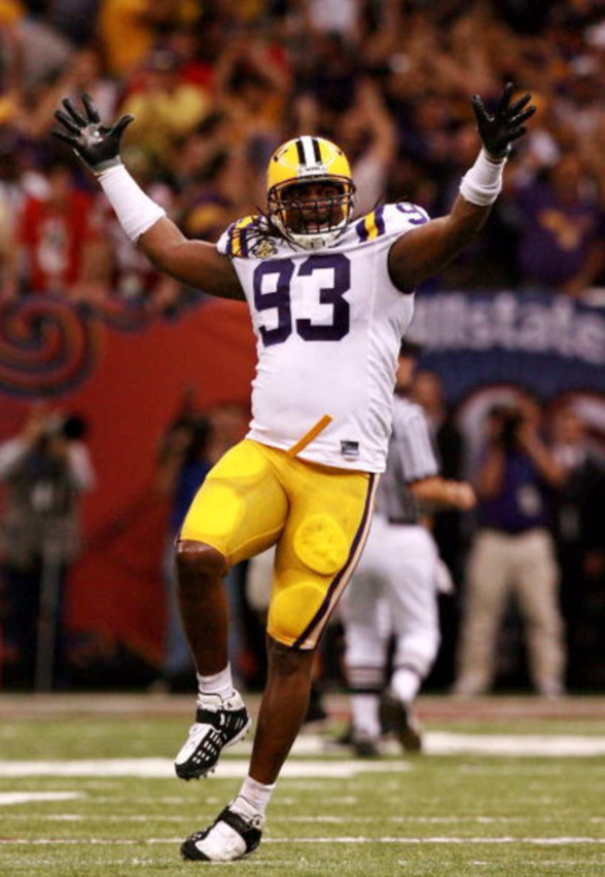 NEW ORLEANS - JANUARY 07: Tyson Jackson #93 of the Louisiana State University Tigers celebrates during the AllState BCS National Championship against the Ohio State Buckeyes on January 7, 2008 at the Louisiana Superdome in New Orleans, Louisiana. (Photo NEW ORLEANS - JANUARY 07: Tyson Jackson #93 of the Louisiana State University Tigers celebrates during the AllState BCS National Championship against the Ohio State Buckeyes on January 7, 2008 at the Louisiana Superdome in New Orleans, Louisiana. (Photo