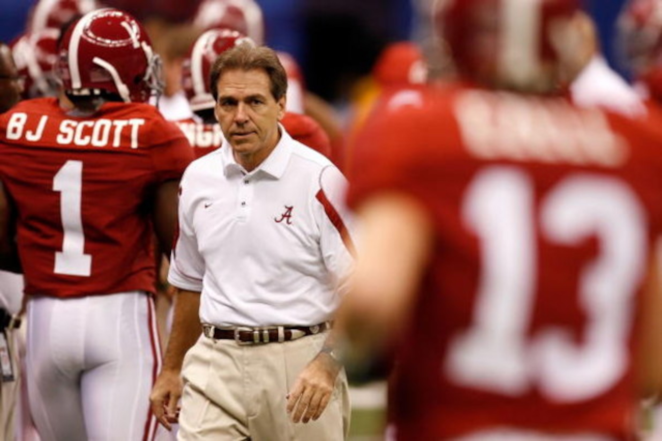 NEW ORLEANS - JANUARY 02:  Head coach Nick Saban of the Alabama Crimson Tide looks on before taking on the Utah Utes during the 75th Allstate Sugar Bowl at the Louisiana Superdome on January 2, 2009 in New Orleans, Louisiana.  (Photo by Kevin C. Cox/Getty
