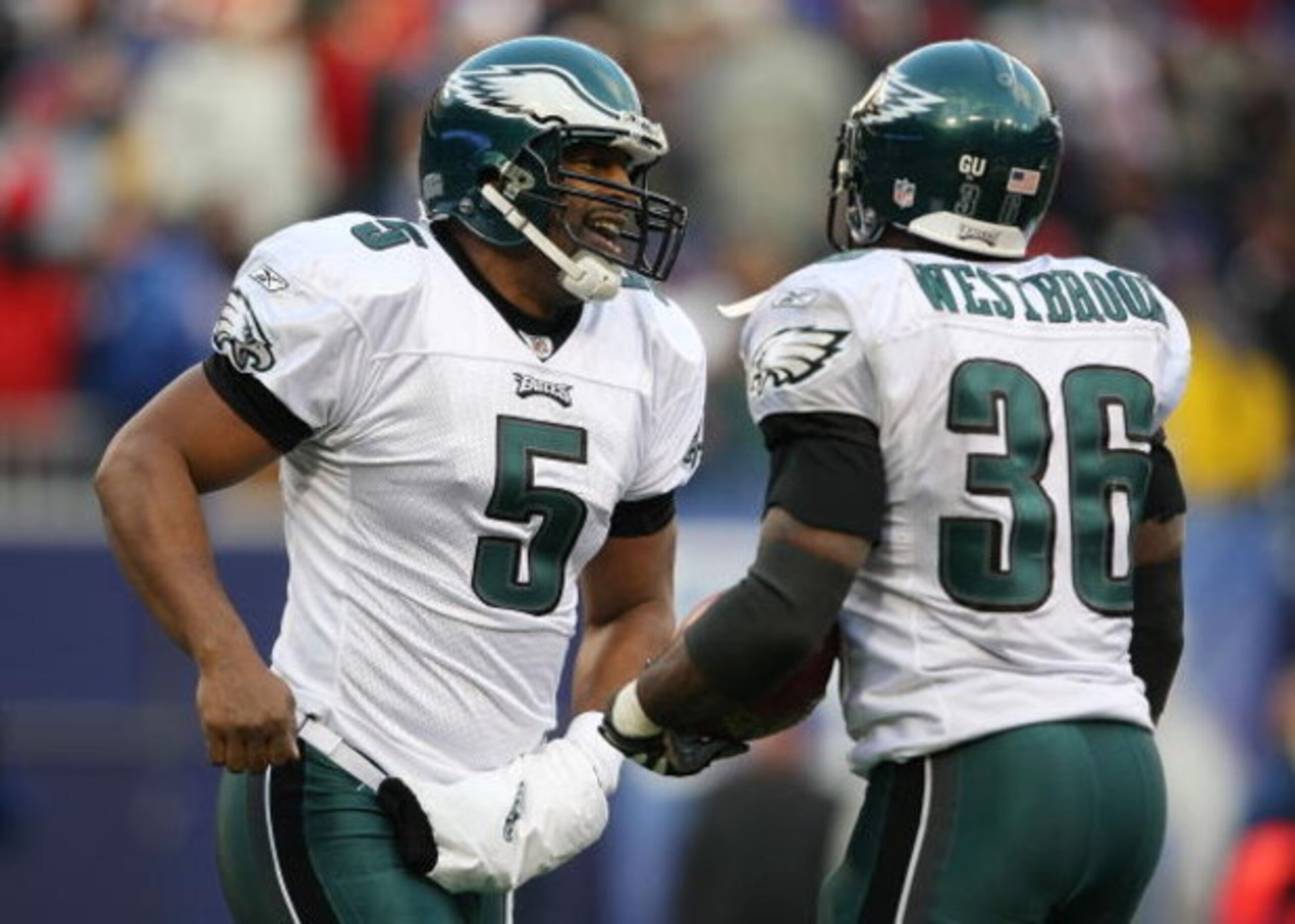 EAST RUTHERFORD, NJ - DECEMBER 07:  Donovan McNabb #5 of the Philadelphia Eagles with Brian Westbrook #36 after Westbrook's second touchdown against the New York Giants at Giants Stadium on December 7, 2008 in East Rutherford, New Jersey.  (Photo by Nick 