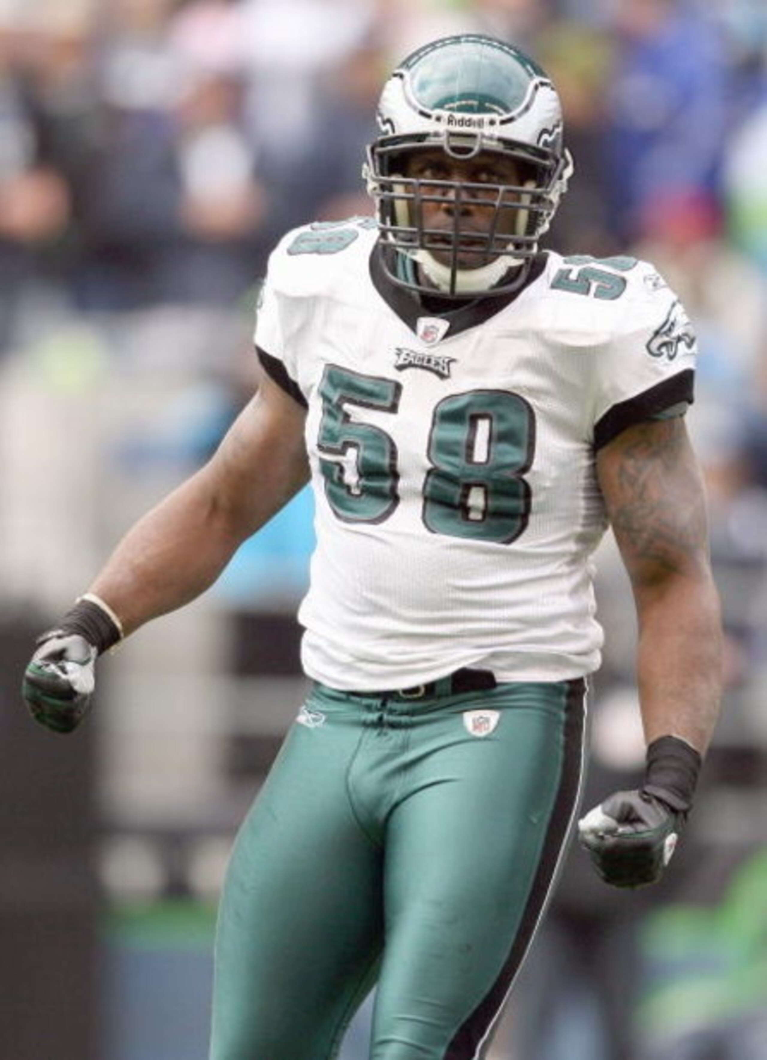 SEATTLE - NOVEMBER 02:  Trent Cole #58 of the Philadelphia Eagles walks on the field during the game against the Seattle Seahawks at Qwest Field on November 2, 2008 in Seattle, Washington. (Photo by Otto Greule Jr/Getty Images)