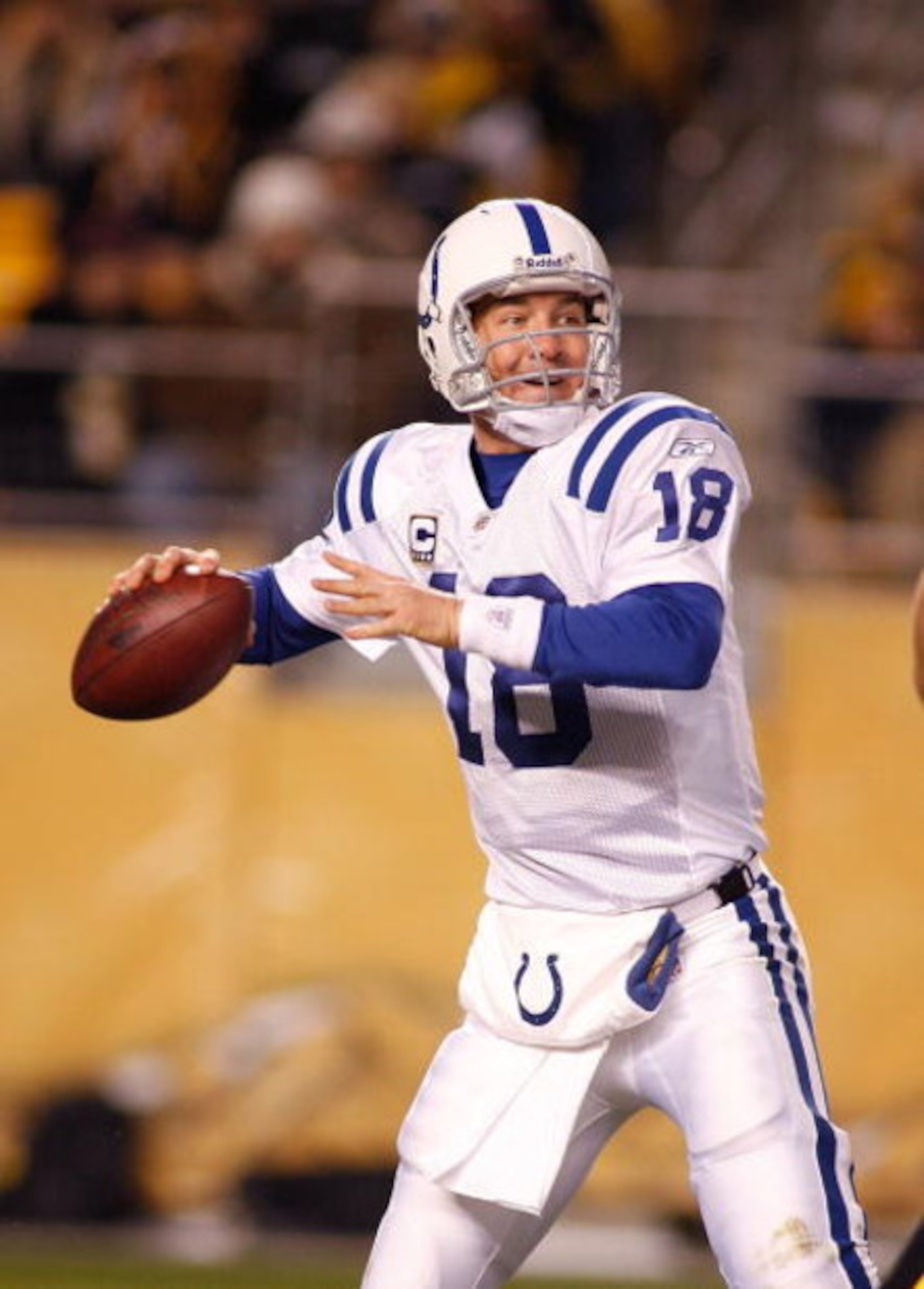 PITTSBURGH - NOVEMBER 09: Peyton Manning #18 of the Indianapolis Colts readies to pass against the Pittsburgh Steelers on November 9, 2008 at Heinz Field in Pittsburgh, Pennsylvania. The Colts won24-20. (Photo by Rick Stewart/Getty Images) PITTSBURGH - NOVEMBER 09: Peyton Manning #18 of the Indianapolis Colts readies to pass against the Pittsburgh Steelers on November 9, 2008 at Heinz Field in Pittsburgh, Pennsylvania. The Colts won24-20. (Photo by Rick Stewart/Getty Images)