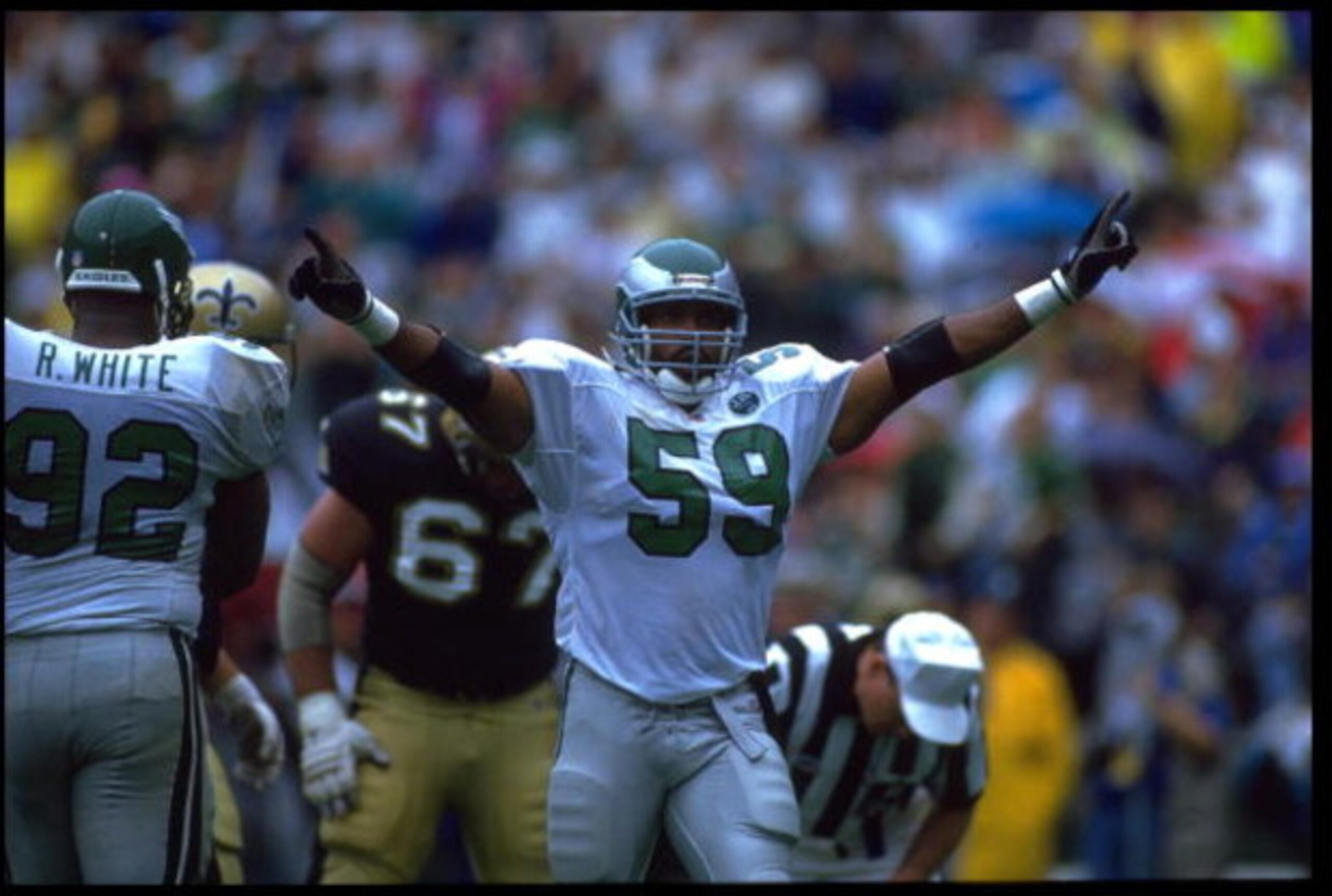 6 SEP 1992: PHILADELPHIA EAGLES LINEBACKER SETH JOYNER #59 CELEBRATES DURING THE EAGLES 15-13 WIN OVER THE NEW ORLEANS SAINTS AT VETERANS STADIUM IN PHILADELPHIA, PENNSYLVANIA. MANDATORY CREDIT: JEFF HIXON/ALLSPORT 6 SEP 1992: PHILADELPHIA EAGLES LINEBACKER SETH JOYNER #59 CELEBRATES DURING THE EAGLES 15-13 WIN OVER THE NEW ORLEANS SAINTS AT VETERANS STADIUM IN PHILADELPHIA, PENNSYLVANIA. MANDATORY CREDIT: JEFF HIXON/ALLSPORT