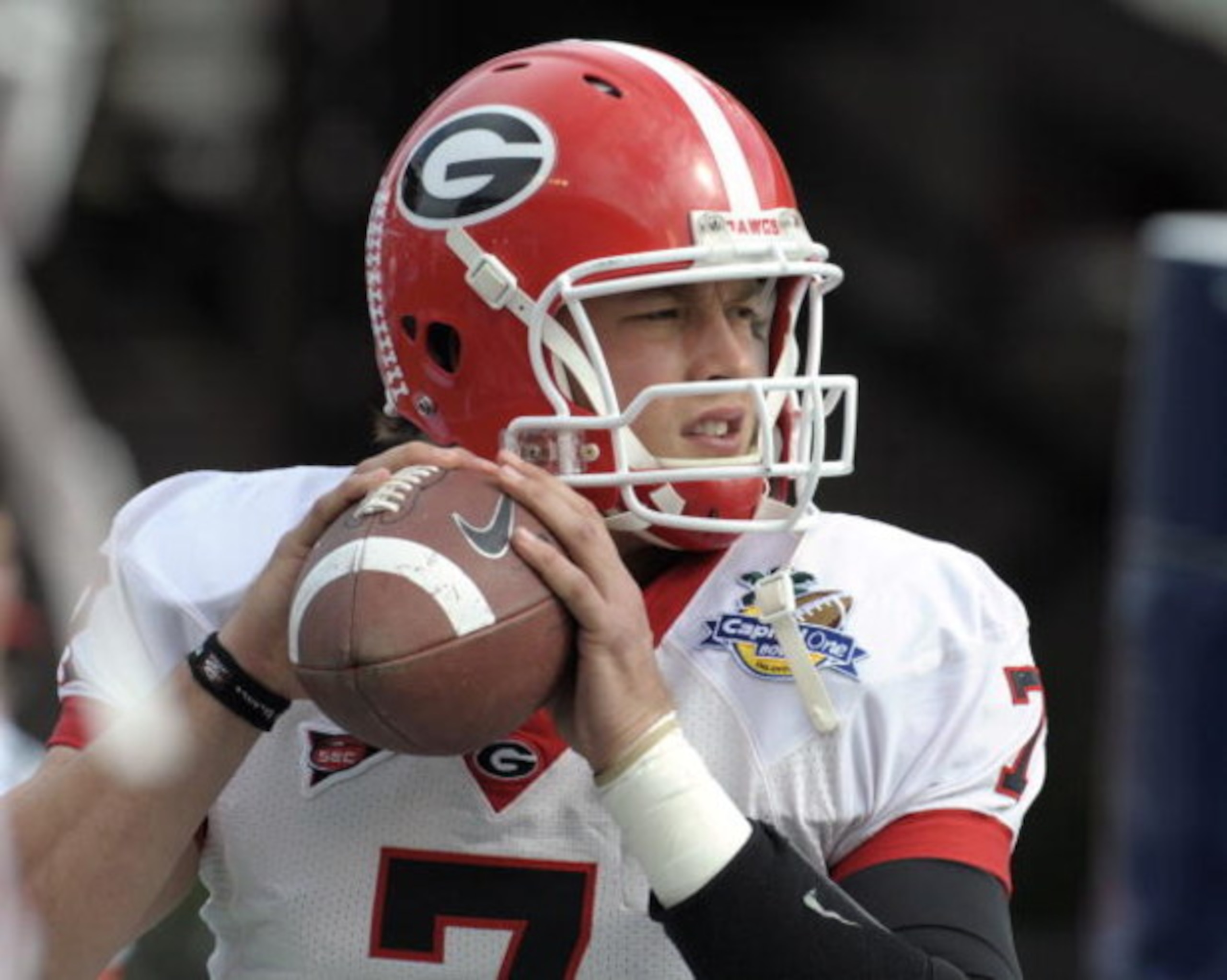 ORLANDO, FL - JANUARY 1: Quarterback Matthew Stafford #7 of the University of Georgia warms up before play against the Michigan State Spartans at the 2009 Capital One Bowl at the Citrus Bowl on January 1, 2009 in Orlando, Florida.  (Photo by Al Messerschm