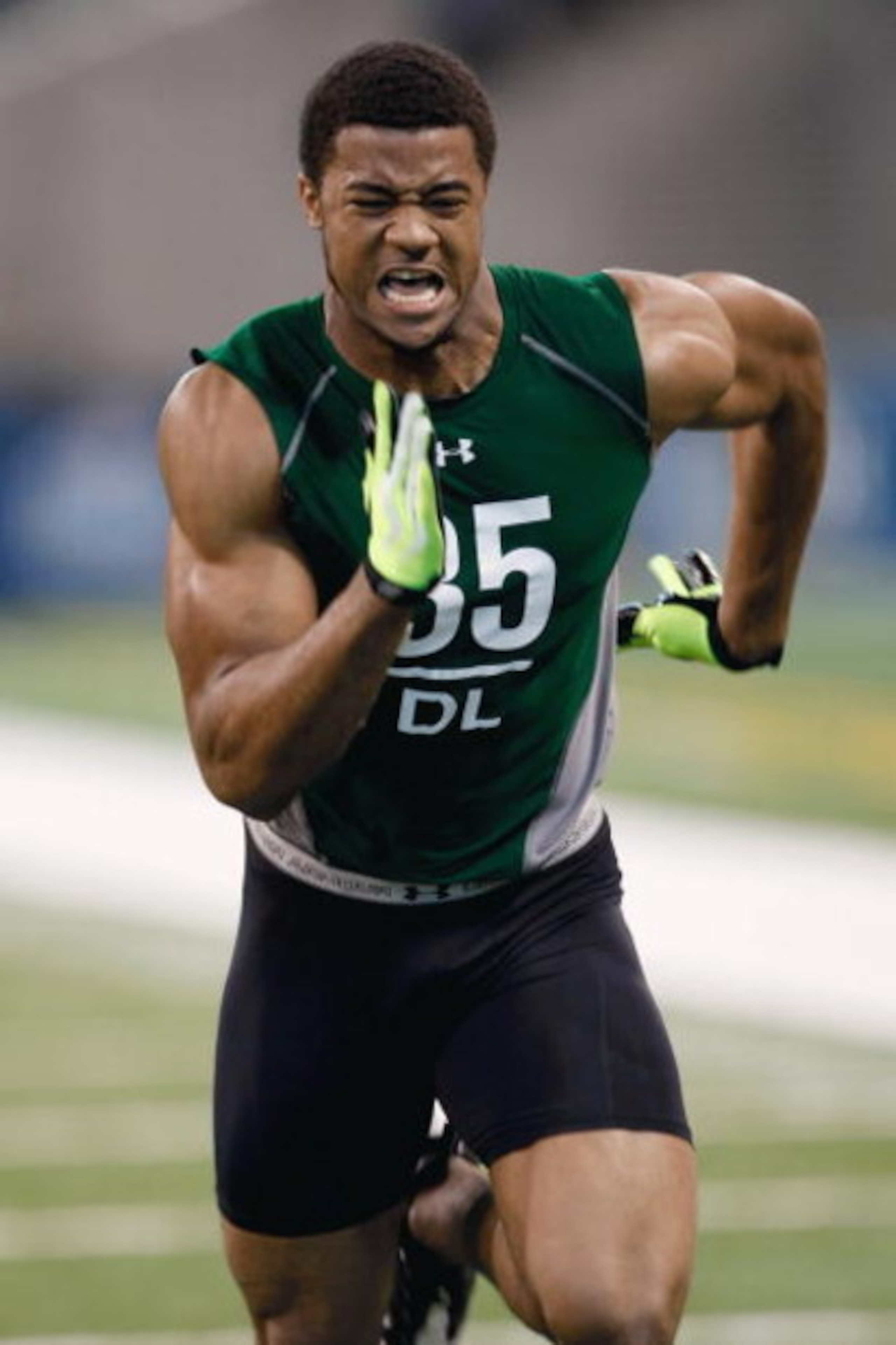 INDIANAPOLIS, IN - FEBRUARY 23:  Defensive lineman Aaron Maybin of Penn State runs during the NFL Scouting Combine presented by Under Armour at Lucas Oil Stadium on February 23, 2009 in Indianapolis, Indiana. (Photo by Scott Boehm/Getty Images)