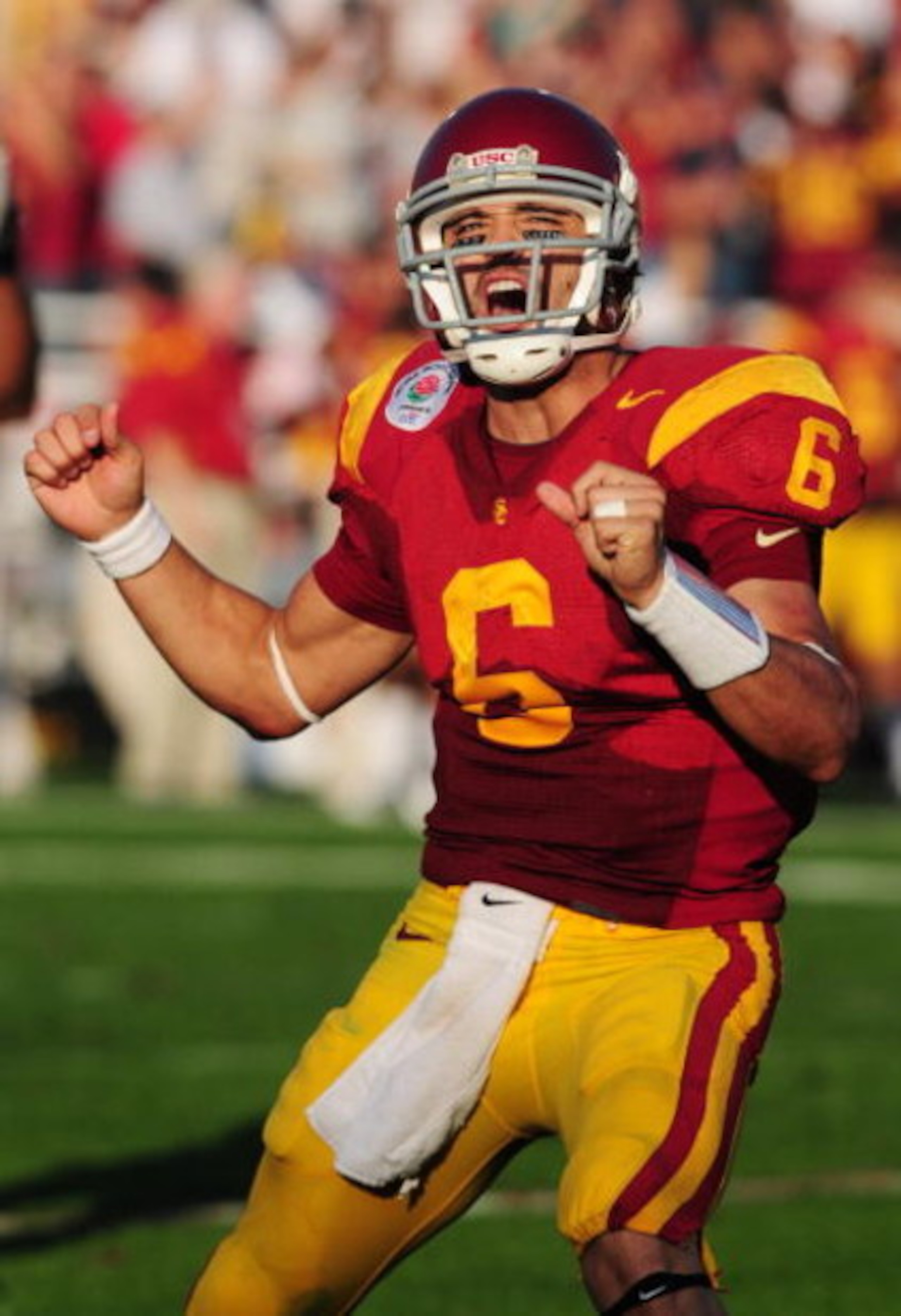 PASADENA, CA - JANUARY 01: Quarterback Mark Sanchez #6 of the USC Trojans celebrates after throwing a touchdown pass during the 95th Rose Bowl Game presented by Citi against the Penn State Nittany Lions at the Rose Bowl on January 1, 2009 in Pasadena, Cal