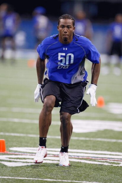 INDIANAPOLIS, IN - FEBRUARY 24:  Defensive back Sean Smith of Utah runs in practice drills during the NFL Scouting Combine presented by Under Armour at Lucas Oil Stadium on February 24, 2009 in Indianapolis, Indiana. (Photo by Scott Boehm/Getty Images)