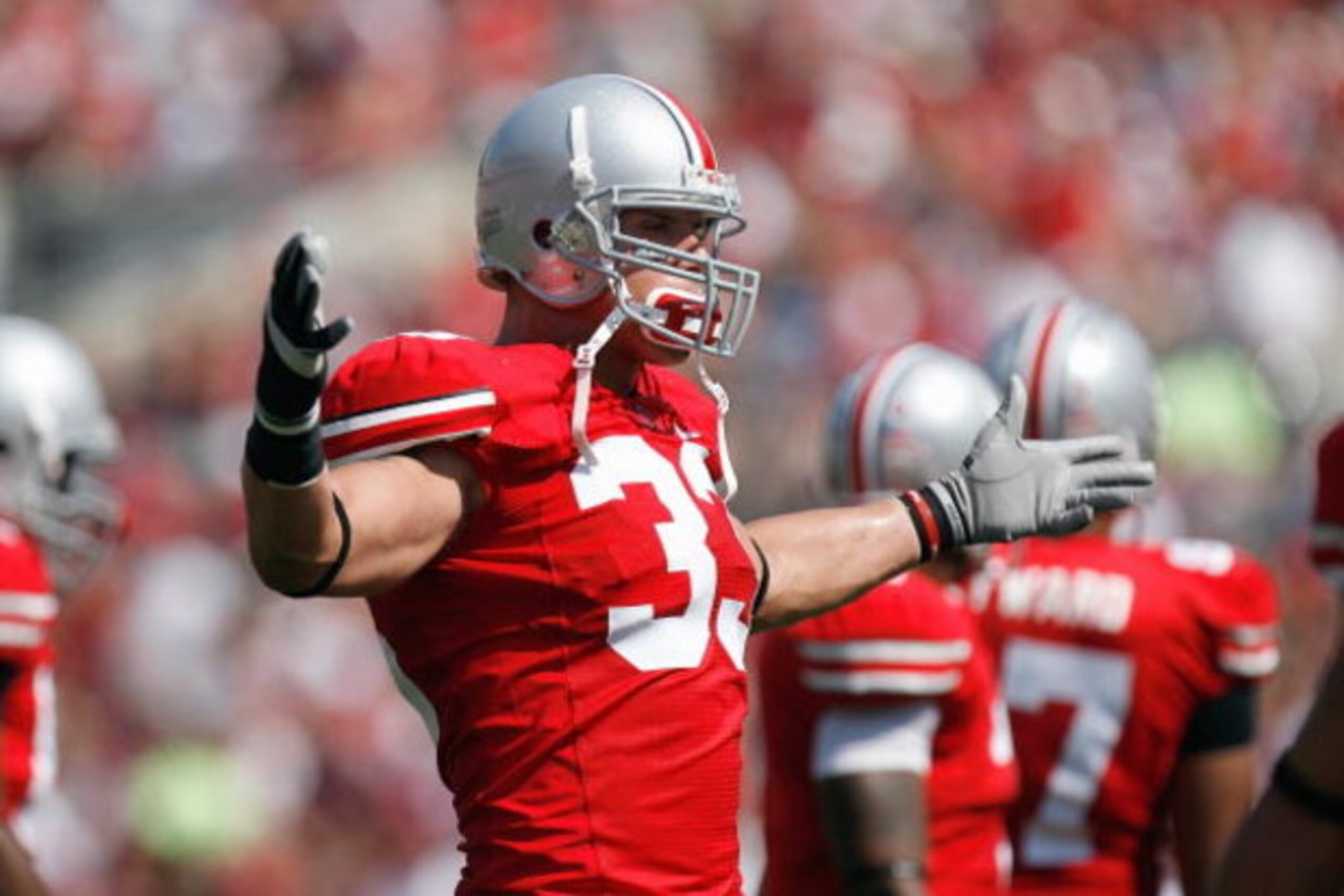 COLUMBUS, OH - SEPTEMBER 20: James Laurinaitis #33 of the Ohio State Buckeyes celebrates on the field during the game against the Troy Trojans on September 20, 2008 at Ohio Stadium in Columbus, Ohio. Ohio State won the game 28-10. (Photo by Gregory Shamu COLUMBUS, OH - SEPTEMBER 20: James Laurinaitis #33 of the Ohio State Buckeyes celebrates on the field during the game against the Troy Trojans on September 20, 2008 at Ohio Stadium in Columbus, Ohio. Ohio State won the game 28-10. (Photo by Gregory Shamu