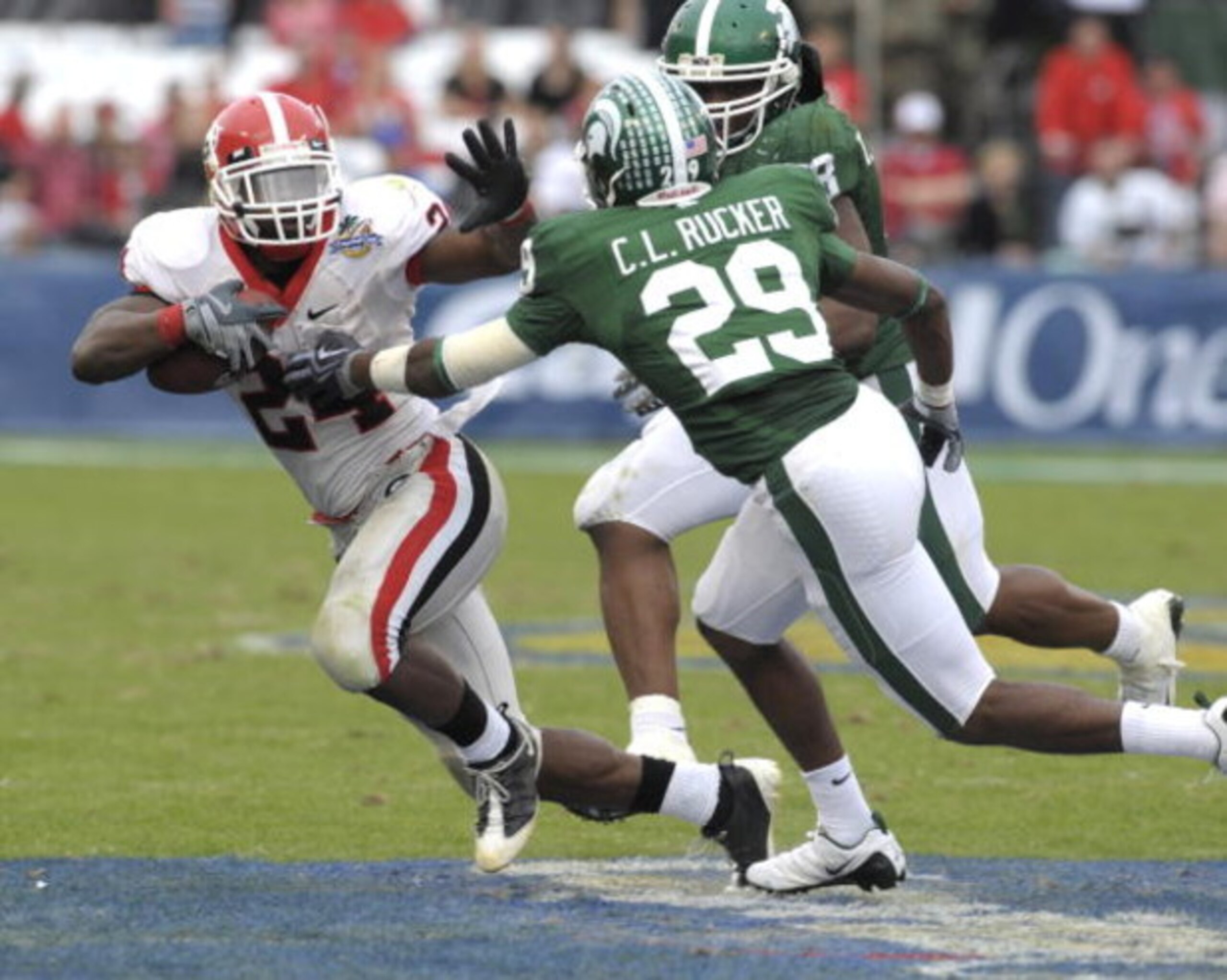 ORLANDO, FL - JANUARY 1: Running back Knowshon Moreno #24 of the University of Georgia rushes upfield against the Michigan State Spartans at the 2009 Capital One Bowl at the Citrus Bowl on January 1, 2009 in Orlando, Florida. (Photo by Al Messerschmidt/G ORLANDO, FL - JANUARY 1: Running back Knowshon Moreno #24 of the University of Georgia rushes upfield against the Michigan State Spartans at the 2009 Capital One Bowl at the Citrus Bowl on January 1, 2009 in Orlando, Florida. (Photo by Al Messerschmidt/G