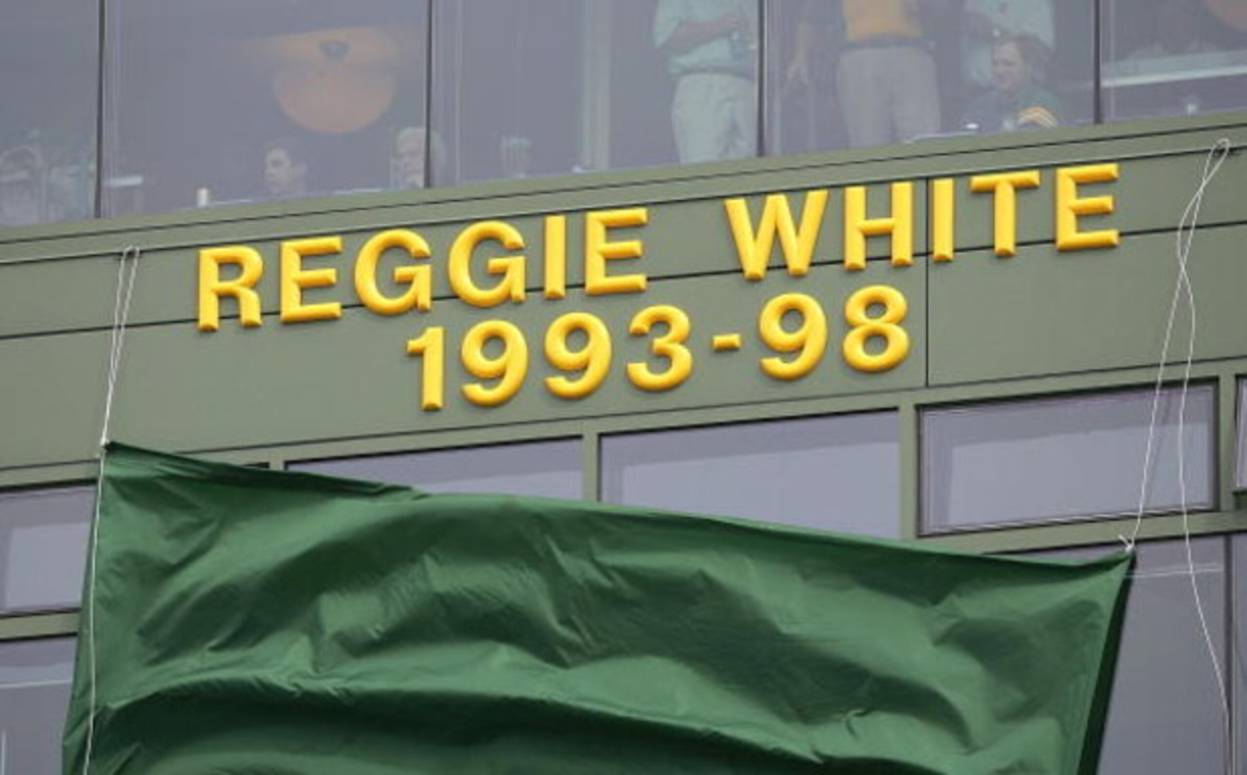 GREEN BAY, WI - SEPTEMBER 10: The name of the late Reggie White of the Green Bay Packers, inducted into the NFL Hall of Fame this summer, is unveiled before a game between the Packers and the Chicago Bears on September 10, 2006 at Lambeau Field in Green B