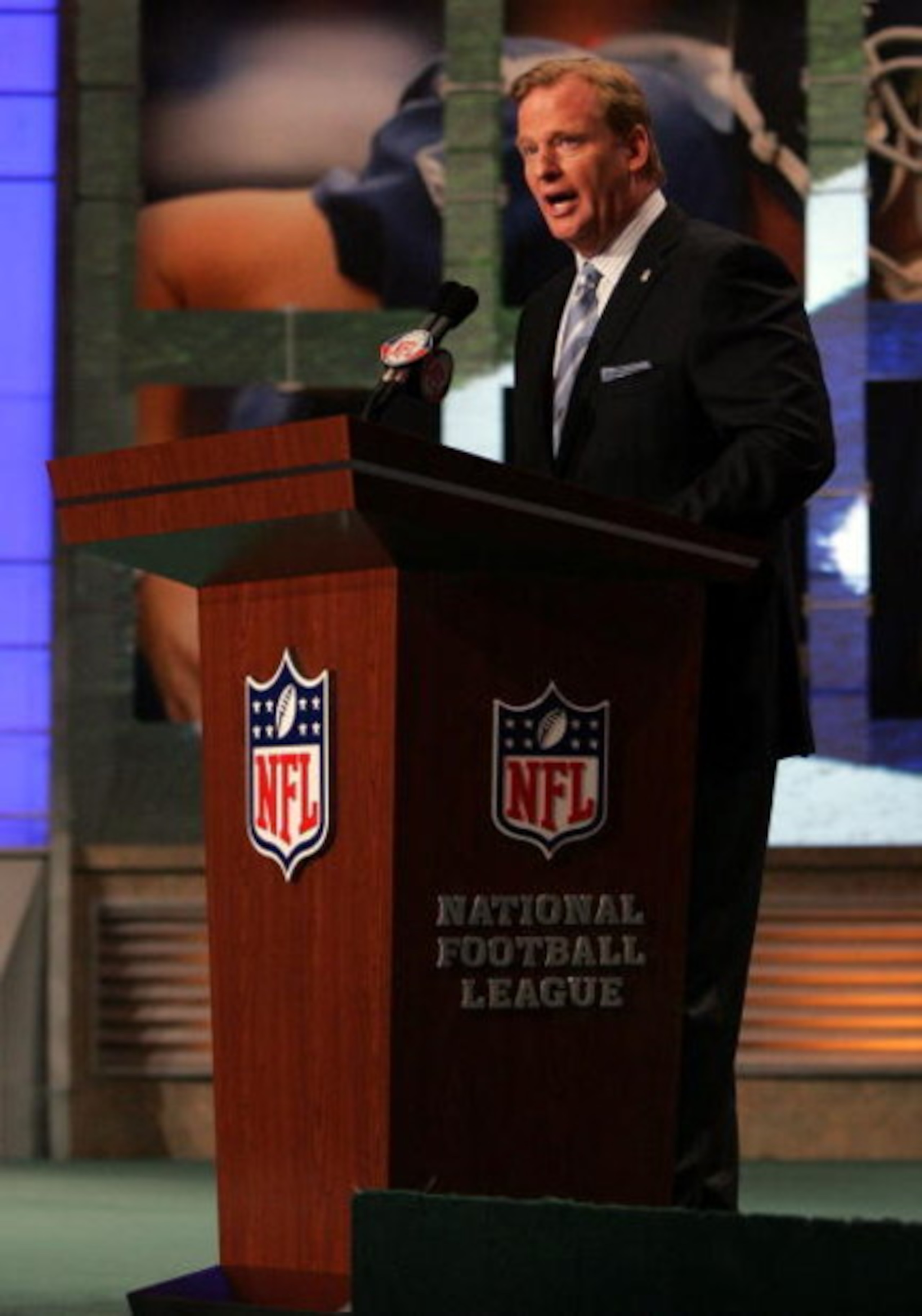 NEW YORK - APRIL 26: National Football League Commissioner Roger Goodell introduces the first overall pick during the 2008 NFL Draft on April 26, 2008 at Radio City Music Hall in New York, New York. (Photo by Jim McIsaac/Getty Images) NEW YORK - APRIL 26: National Football League Commissioner Roger Goodell introduces the first overall pick during the 2008 NFL Draft on April 26, 2008 at Radio City Music Hall in New York, New York. (Photo by Jim McIsaac/Getty Images)