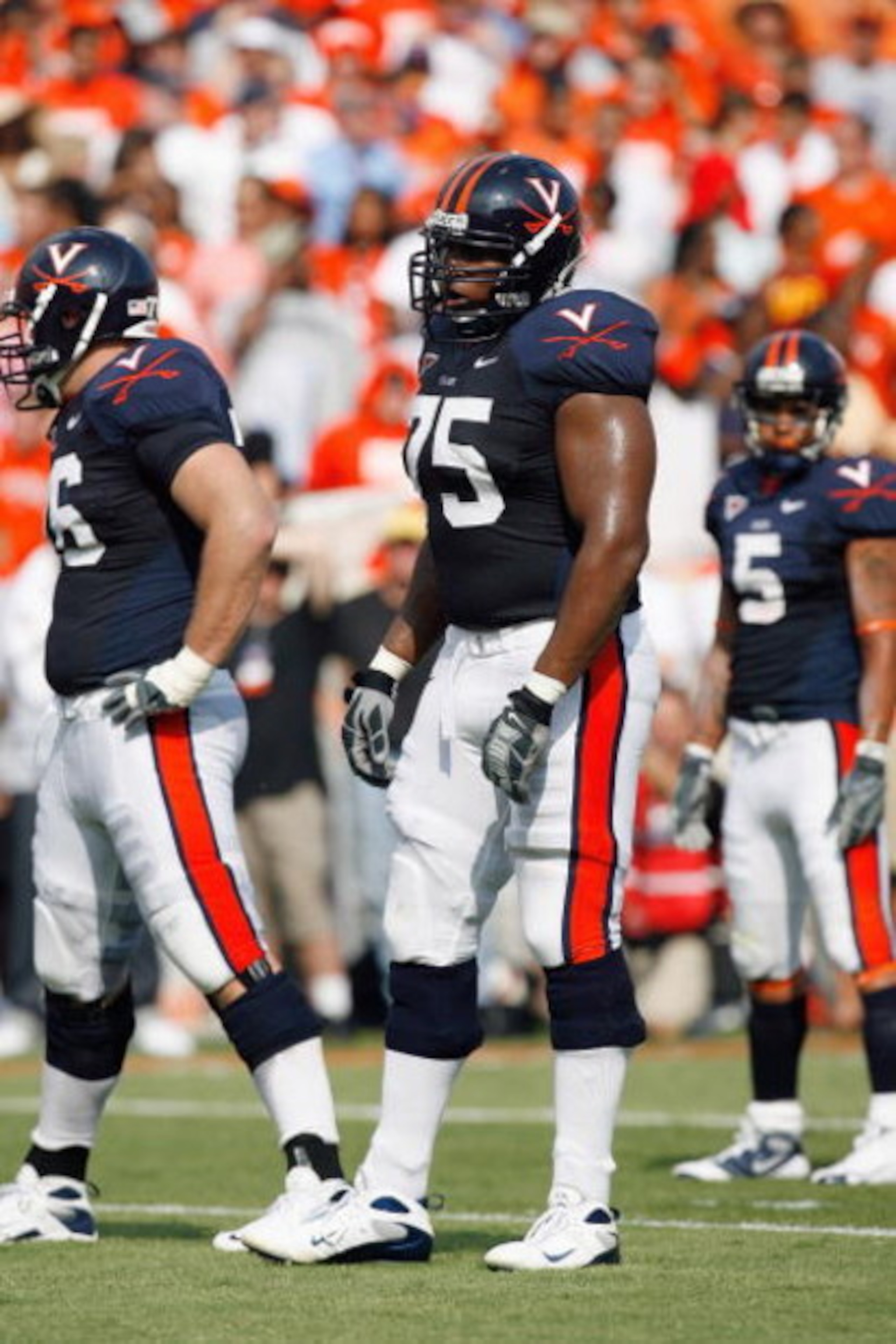 CHARLOTTESVILLE, VA - AUGUST 30: Eugene Monroe #75 of the Virginia Cavaliers stands on the field during the game against the Southern California Trojans at Scott Stadium on August 30, 2008 in Charlottesville, Virginia. (Photo by Kevin C. Cox/Getty Image CHARLOTTESVILLE, VA - AUGUST 30: Eugene Monroe #75 of the Virginia Cavaliers stands on the field during the game against the Southern California Trojans at Scott Stadium on August 30, 2008 in Charlottesville, Virginia. (Photo by Kevin C. Cox/Getty Image