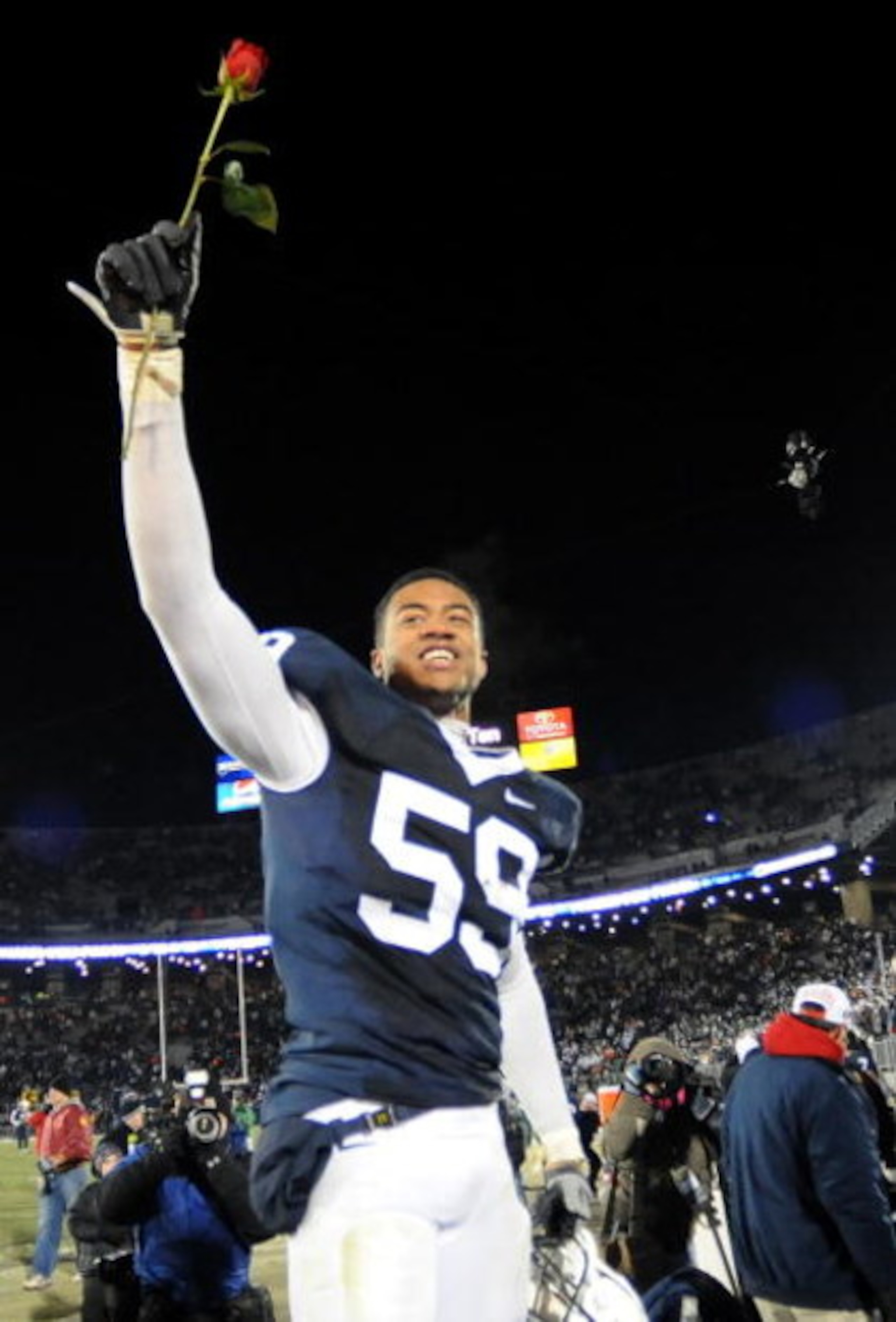 STATE COLLEGE, PA - NOVEMBER 22: Aaron Maybin #59 of the Penn State Nittany Lions reacts after clinching the Big Ten title and clinching a bid to the Rose Bowl after the game against the Michigan State Spartans on November 22, 2008 at Beaver Stadium in St STATE COLLEGE, PA - NOVEMBER 22: Aaron Maybin #59 of the Penn State Nittany Lions reacts after clinching the Big Ten title and clinching a bid to the Rose Bowl after the game against the Michigan State Spartans on November 22, 2008 at Beaver Stadium in St