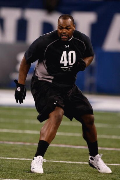 INDIANAPOLIS, IN - FEBRUARY 21:  Offensive lineman Michael Oher of Mississippi runs in practice drills during the NFL Scouting Combine presented by Under Armour at Lucas Oil Stadium on February 21, 2009 in Indianapolis, Indiana. (Photo by Scott Boehm/Gett