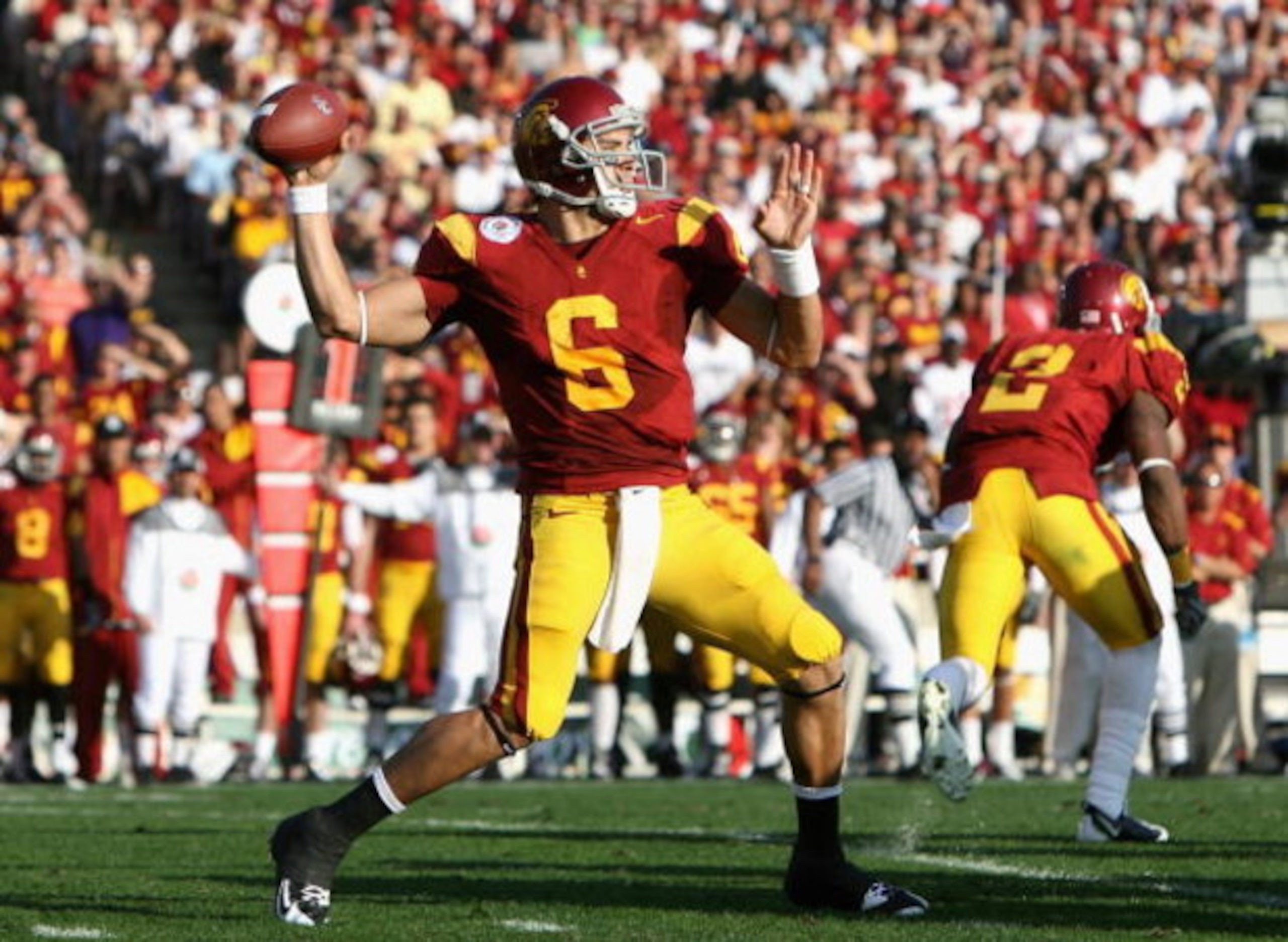 PASADENA, CA - JANUARY 01: Quarterback Mark Sanchez #6 of the USC Trojans throws a pass during the 95th Rose Bowl Game presented by Citi against the Penn State Nittany Lions at the Rose Bowl on January 1, 2009 in Pasadena, California. The Trojans defeate PASADENA, CA - JANUARY 01: Quarterback Mark Sanchez #6 of the USC Trojans throws a pass during the 95th Rose Bowl Game presented by Citi against the Penn State Nittany Lions at the Rose Bowl on January 1, 2009 in Pasadena, California. The Trojans defeate