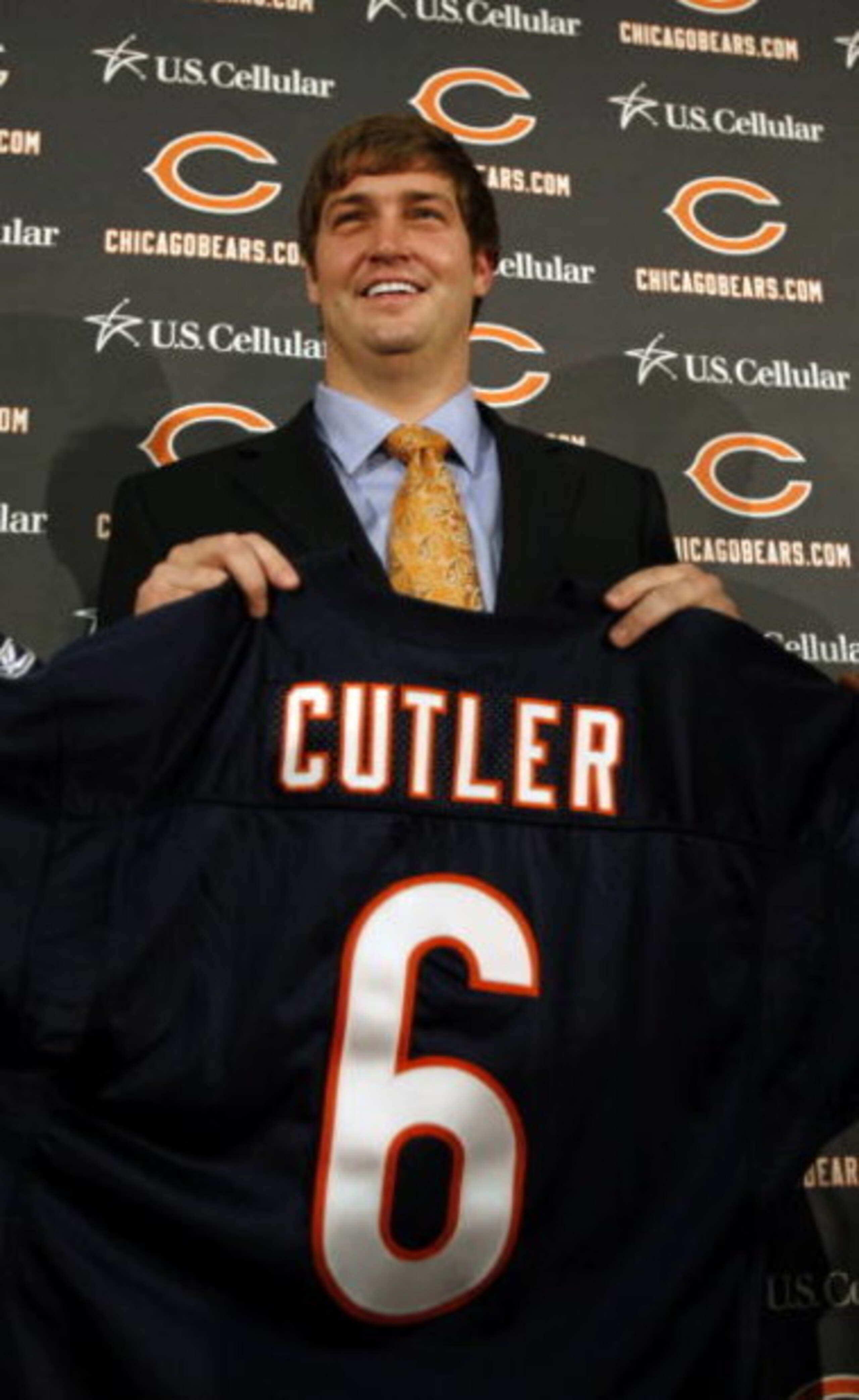 LAKE FOREST, IL - APRIL 3: Quarterback Jay Cutler of the Chicago Bears holds up his #6 jersey after he was introduced as their new quarterback during a press conference on April 3, 2009 at Halas Hall in Lake Forest, Illinois. (Photo by Jim Prisching/Getty LAKE FOREST, IL - APRIL 3: Quarterback Jay Cutler of the Chicago Bears holds up his #6 jersey after he was introduced as their new quarterback during a press conference on April 3, 2009 at Halas Hall in Lake Forest, Illinois. (Photo by Jim Prisching/Getty