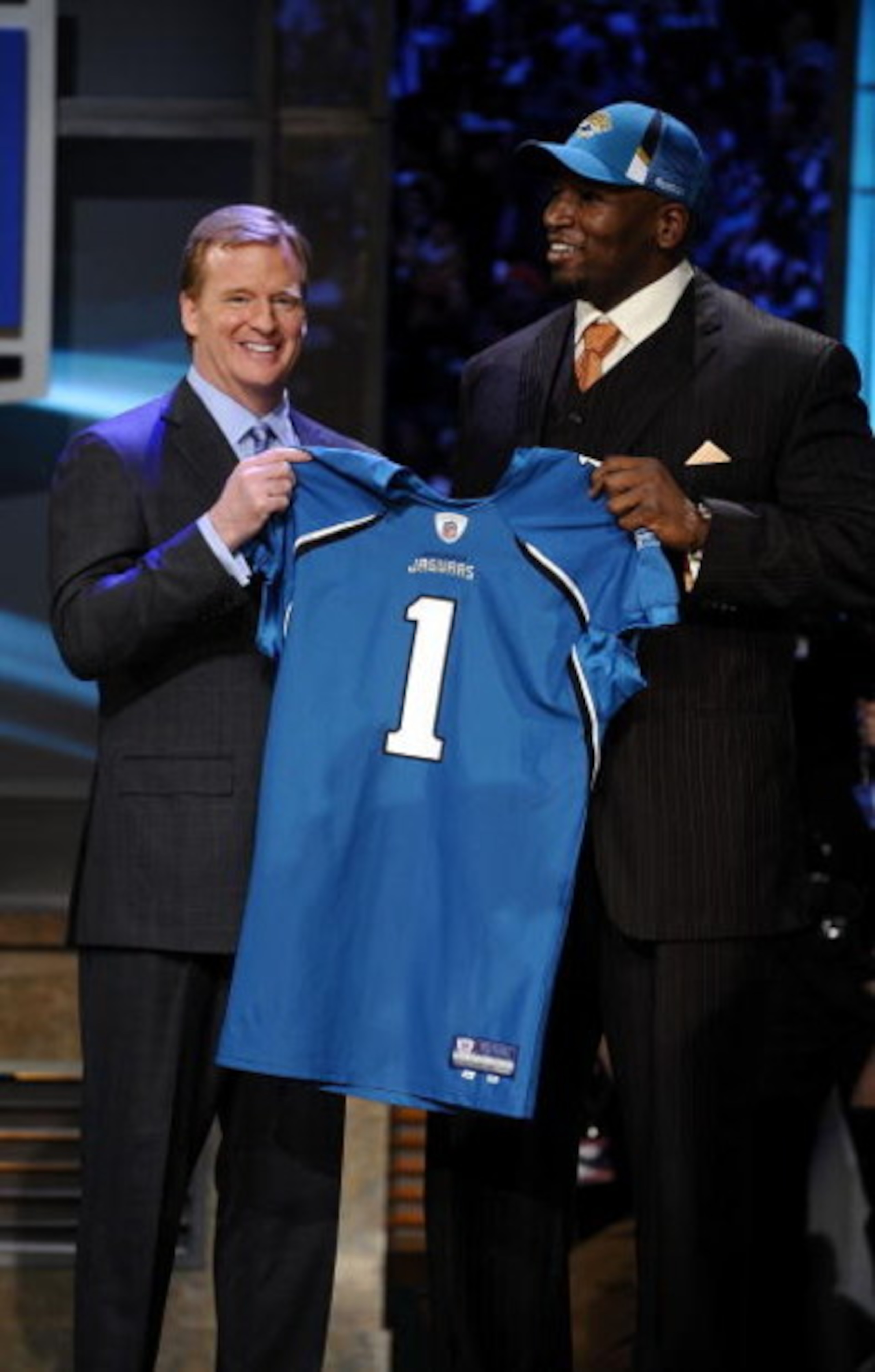 NEW YORK - APRIL 25: NFL Commissioner Roger Goodell poses with with Jacksonville Jaguars #8 draft pick Eugene Monroe at Radio City Music Hall for the 2009 NFL Draft on April 25, 2009 in New York City (Photo by Jeff Zelevansky/Getty Images) NEW YORK - APRIL 25: NFL Commissioner Roger Goodell poses with with Jacksonville Jaguars #8 draft pick Eugene Monroe at Radio City Music Hall for the 2009 NFL Draft on April 25, 2009 in New York City (Photo by Jeff Zelevansky/Getty Images)