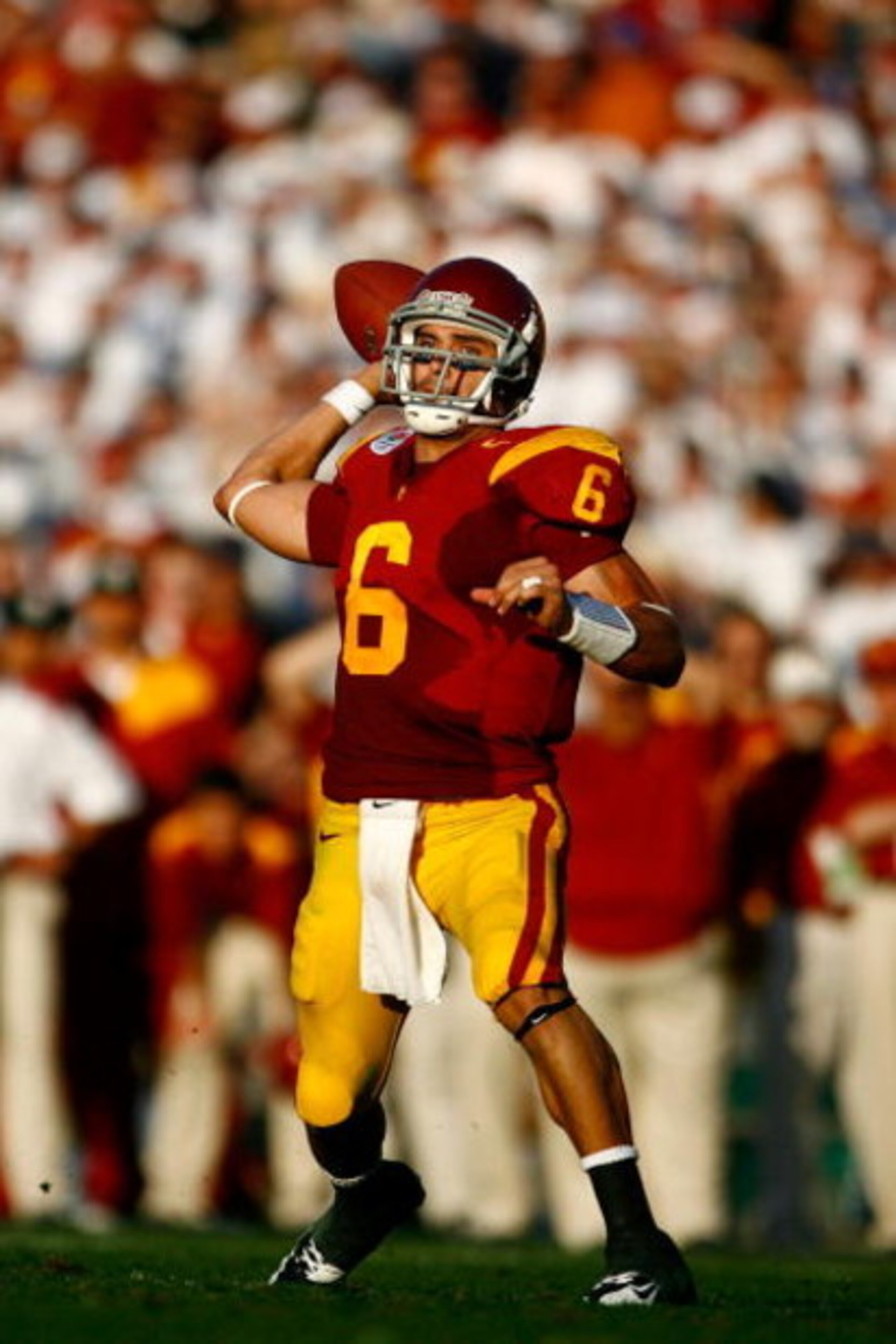 PASADENA, CA - JANUARY 01:  Quarterback Mark Sanchez #6 of the USC Trojans throws a touchdown at the end of the first half against the Penn State Nittany Lions during the 95th Rose Bowl Game presented by Citi on January 1, 2009 at the Rose Bowl in Pasaden