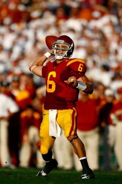 PASADENA, CA - JANUARY 01:  Quarterback Mark Sanchez #6 of the USC Trojans throws a touchdown at the end of the first half against the Penn State Nittany Lions during the 95th Rose Bowl Game presented by Citi on January 1, 2009 at the Rose Bowl in Pasaden