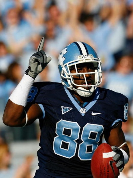 CHAPEL HILL, NC - NOVEMBER 08:  Receiver Hakeem Nicks #88 of the North Carolina Tar Heels reacts after scoring a touchdown against the Georgia Tech Yellow Jackets during the game at Kenan Stadium on November 8, 2008 in Chapel Hill, North Carolina.  (Photo
