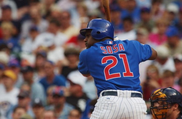 CHICAGO - JULY 16:  Sammy Sosa #21 of the Chicago Cubs bats during a game against the Milwaukee Brewers on July 16, 2004 at Wrigley Field in Chicago, Illinois.  The Brewers defeated the Cubs 3-2.  (Photo by Jonathan Daniel/Getty Images)
