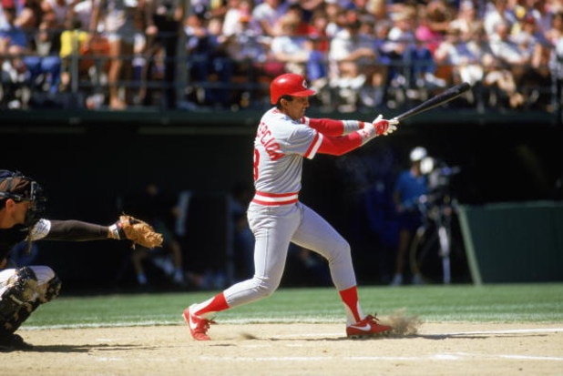 1981:  Dave Concepcion of the Cincinnati Reds swings at the pitch during a MLB game in the 1981 season. ( Photo by: Stephen Dunn/Getty Images)