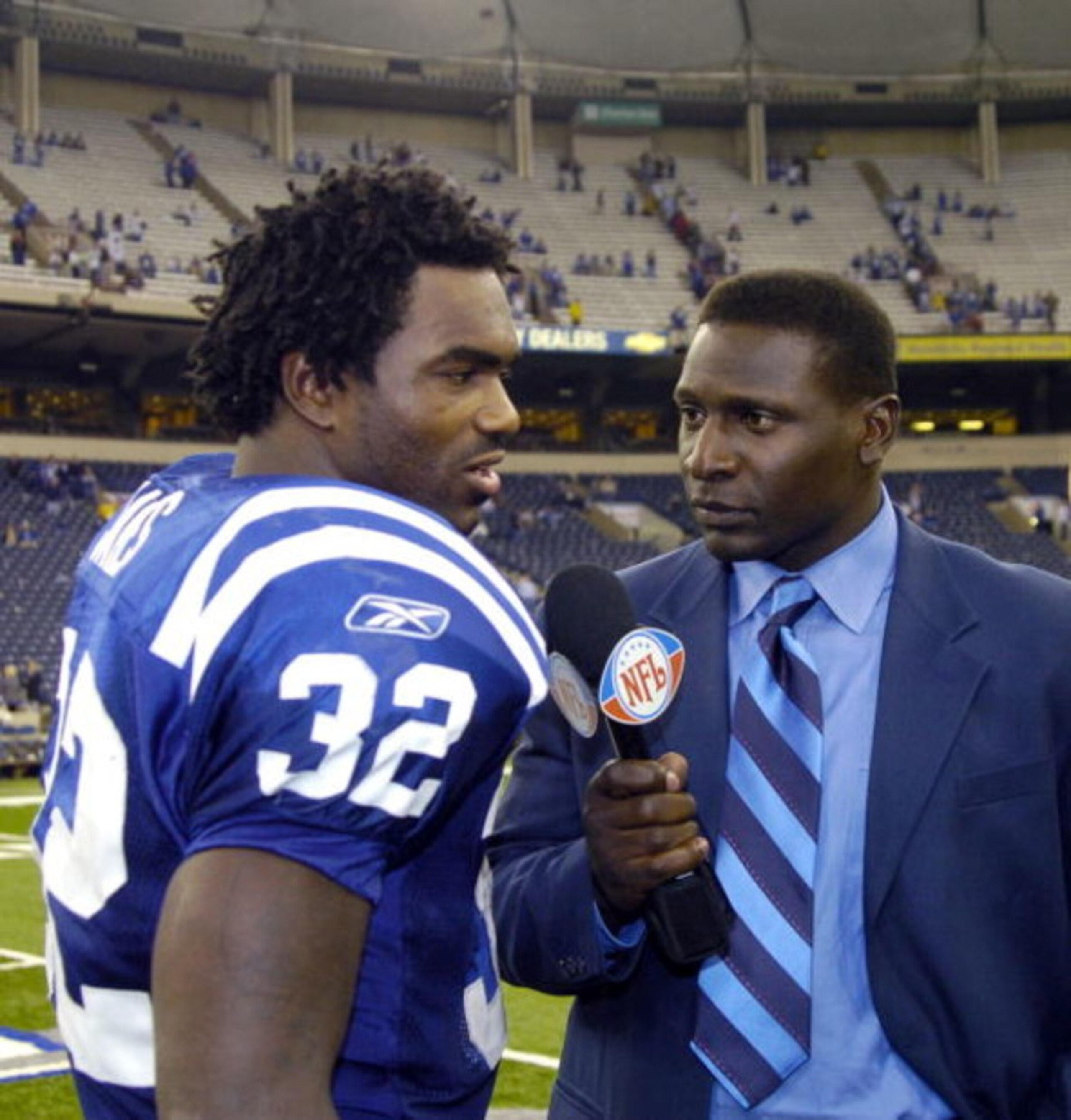 Indianapolis Colts running back Edgerrin James is interviewed by NFL Network analyst Sterling Sharp at the RCA Dome  October 17, 2005 at the RCA Dome in Indianapolis, Indiana. The Colts defeated the St. Louis Rams 45 - 28 in a Monday Night football game. 