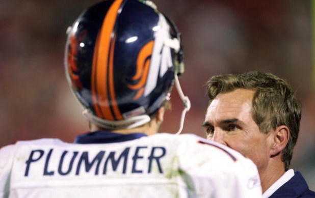 KANSAS CITY, MO - NOVEMBER 23:  Quarterback Jake Plummer #16 talks with head coach Mike Shanahan of the Denver Broncos after throwing an incomplete pass on fourth down in the final two minutes against the Kansas City Chiefs on November 23, 2006 at Arrowhe