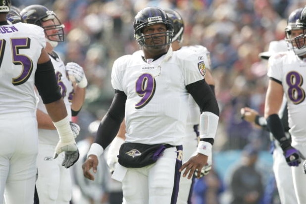 NASHVILLE, TN - NOVEMBER 12:  Steve McNair #9 of the Baltimore Ravens looks on against the Tennessee Titans on November 12, 2006 at LP Field in Nashville, Tennessee.  The Ravens won 27-26.  (Photo by Andy Lyons/Getty Images)
