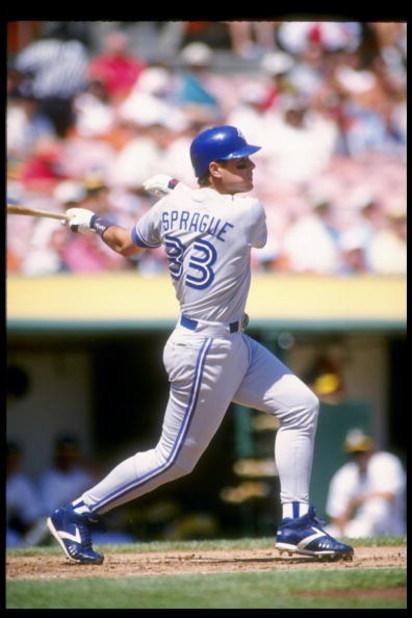 1 Sep 1993:  Third baseman Ed Sprague of the Toronto Blue Jays swings at the ball during a game against the Oakland Athletics at the Oakland Coliseum in Oakland, California. Mandatory Credit: Otto Greule  /Allsport