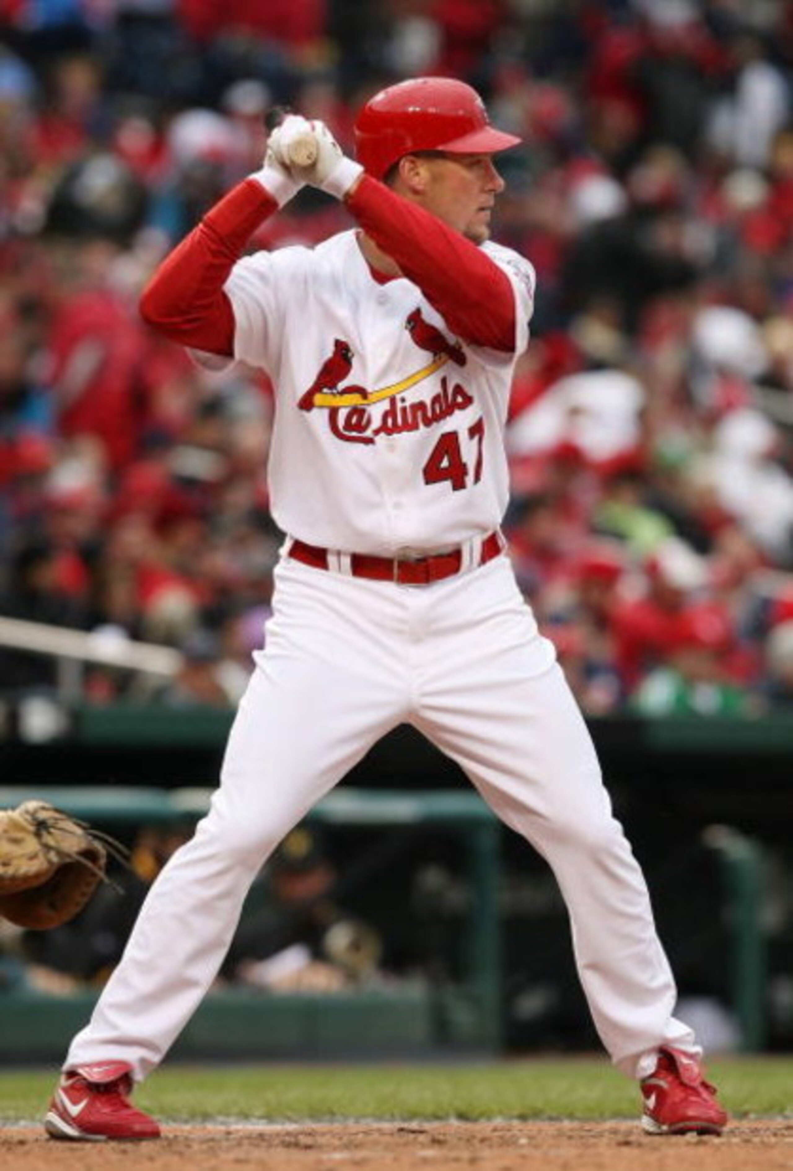 ST. LOUIS - APRIL 06:  Ryan Ludwick #47 of the St. Louis Cardinals bats against the Pittsburgh Pirates during Opening Day on April 6, 2009  at Busch Stadium in St. Louis, Missouri. The Pittsburgh Pirates defeated the St. Louis Cardinals 6-4.  (Photo by El