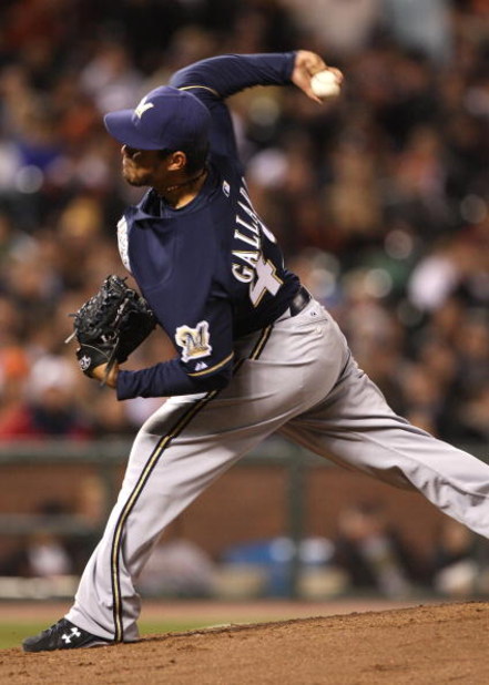 SAN FRANCISCO - APRIL 08: Yovani Gallardo #49 of the Milwaukee Brewers pitches against the San Francisco Giants during a Major League Baseball game on April 8, 2009 at AT&T Park in San Francisco, California. (Photo by Jed Jacobsohn/Getty Images) SAN FRANCISCO - APRIL 08: Yovani Gallardo #49 of the Milwaukee Brewers pitches against the San Francisco Giants during a Major League Baseball game on April 8, 2009 at AT&T Park in San Francisco, California. (Photo by Jed Jacobsohn/Getty Images)