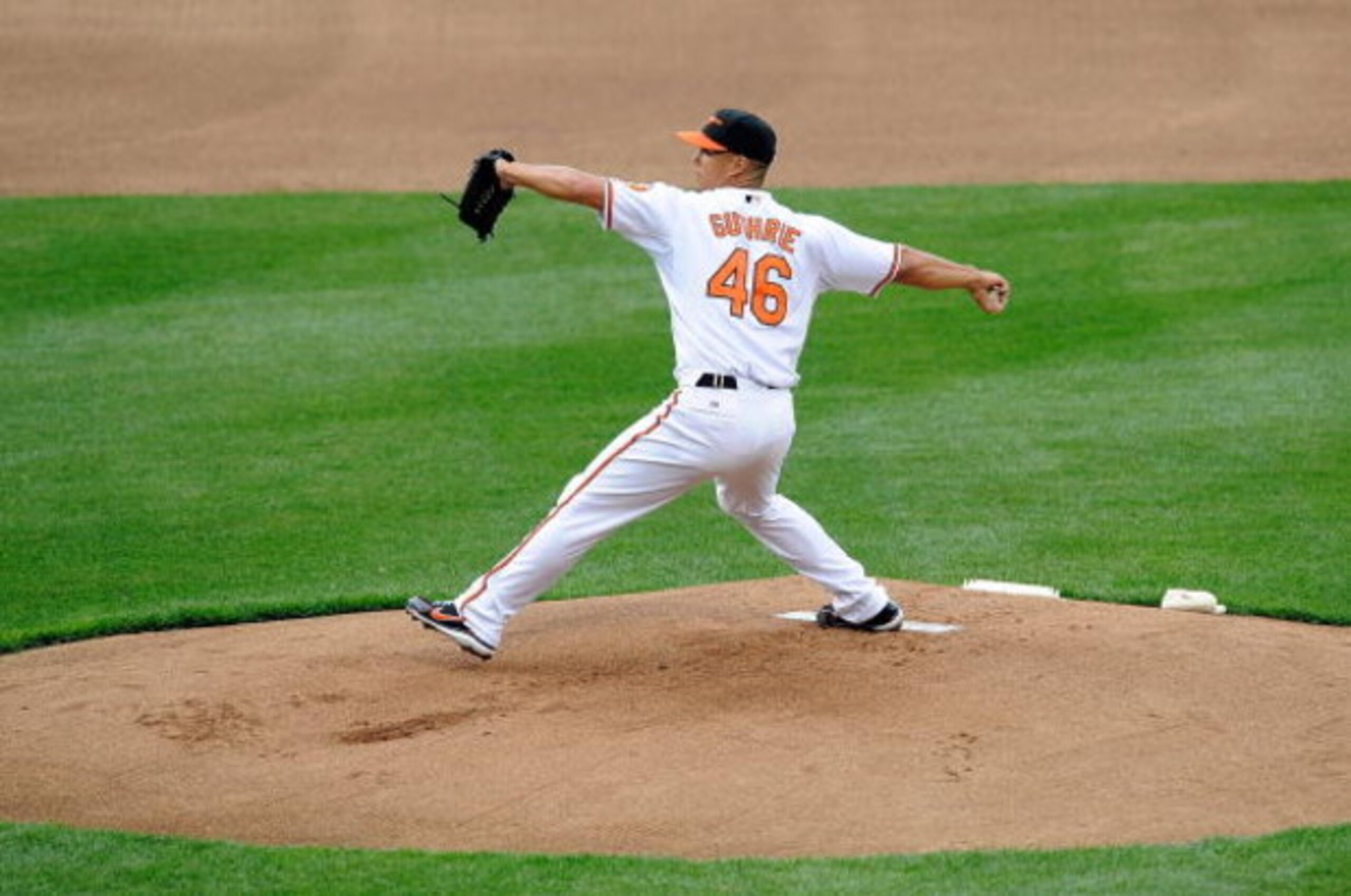 BALTIMORE - APRIL 06: Jeremy Guthrie #46 of the Baltimore Orioles pitches against the New York Yankees on April 6, 2009 at Camden Yards in Baltimore, Maryland. (Photo by Greg Fiume/Getty Images) BALTIMORE - APRIL 06: Jeremy Guthrie #46 of the Baltimore Orioles pitches against the New York Yankees on April 6, 2009 at Camden Yards in Baltimore, Maryland. (Photo by Greg Fiume/Getty Images)