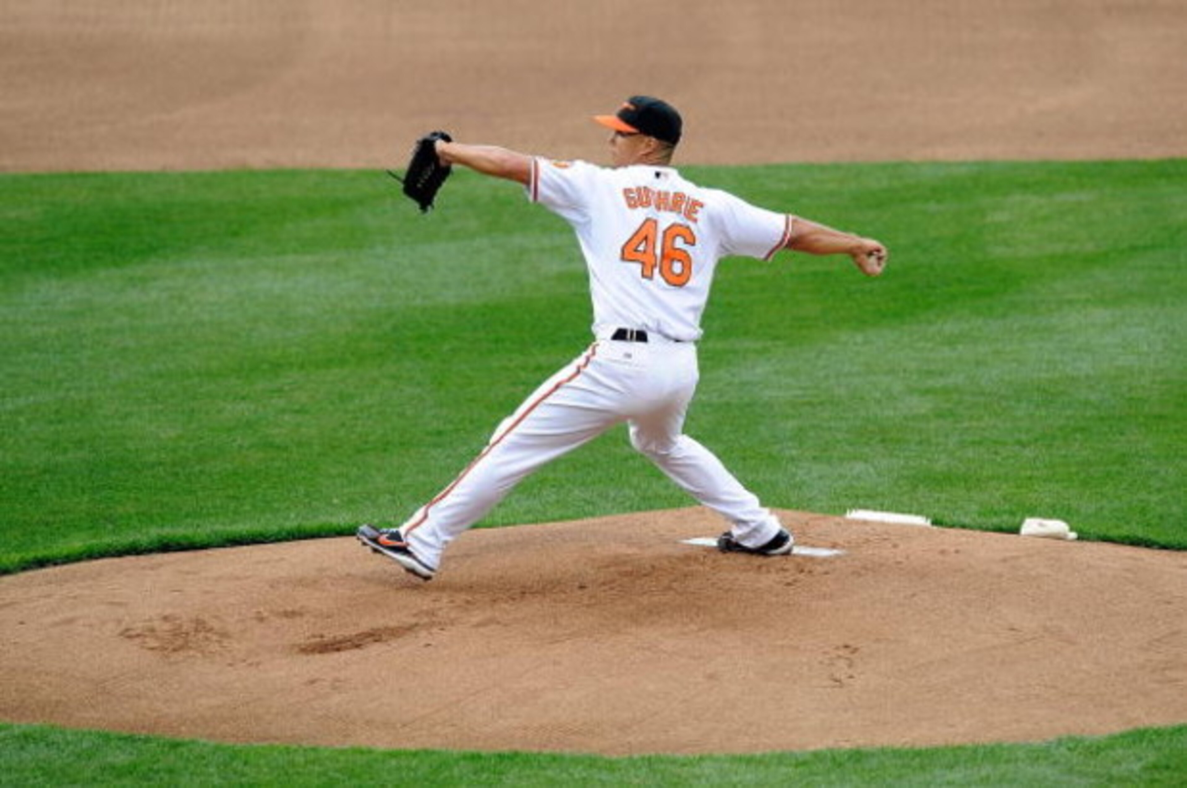 BALTIMORE - APRIL 06:  Jeremy Guthrie #46 of the Baltimore Orioles pitches against the New York Yankees on April 6, 2009 at Camden Yards in Baltimore, Maryland.  (Photo by Greg Fiume/Getty Images)