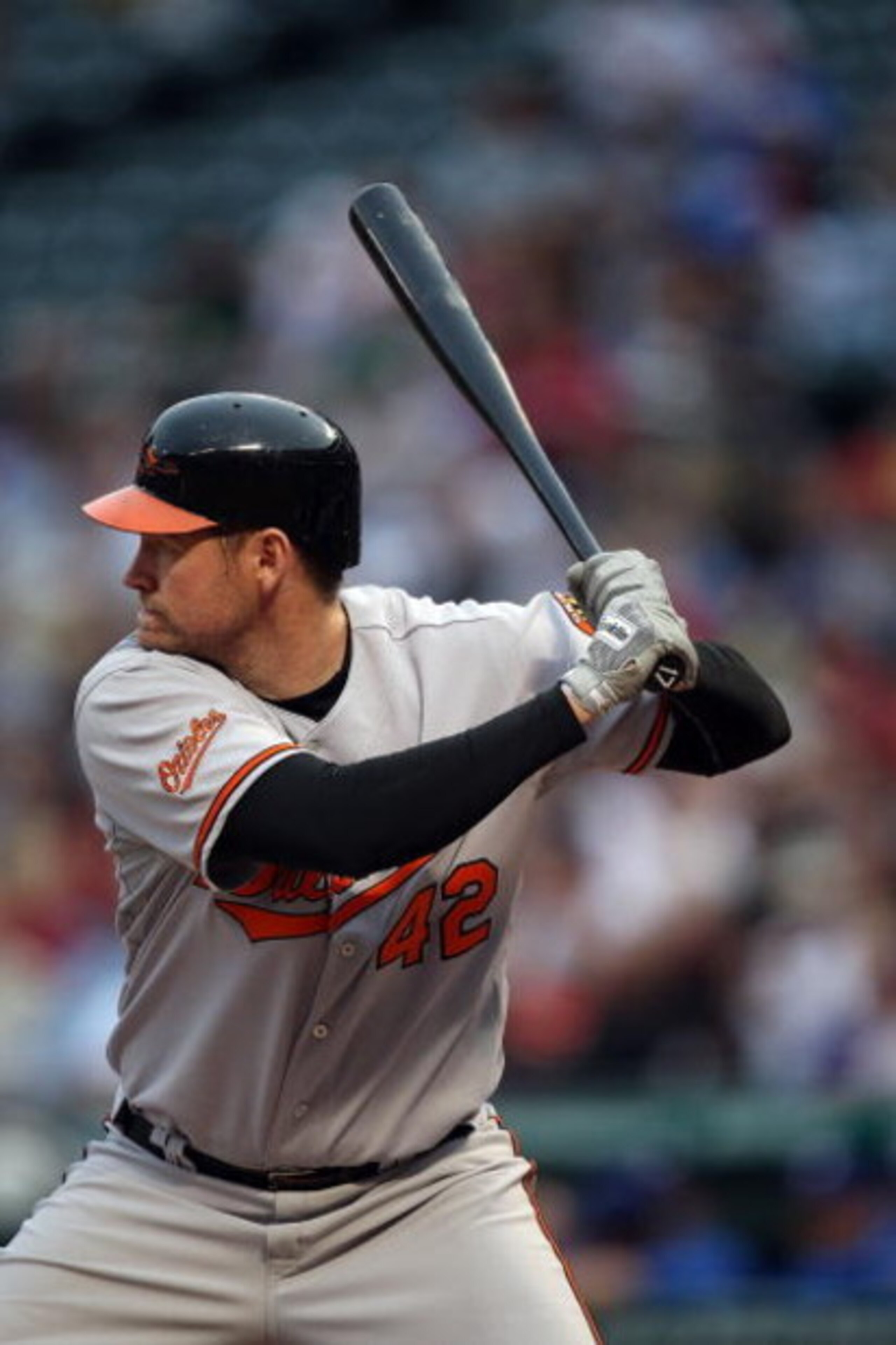 ARLINGTON, TX - APRIL 15: Aubrey Huff of the Baltimore Orioles at bat while wearing jersey #42 to commemorate Jackie Robinson day during a game against the Texas Rangers on April 15, 2009 at Rangers Ballpark in Arlington, Texas. (Photo by Ronald Martine ARLINGTON, TX - APRIL 15: Aubrey Huff of the Baltimore Orioles at bat while wearing jersey #42 to commemorate Jackie Robinson day during a game against the Texas Rangers on April 15, 2009 at Rangers Ballpark in Arlington, Texas. (Photo by Ronald Martine