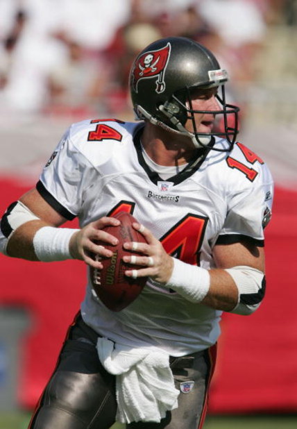 TAMPA, FL - SEPTEMBER 19: Brad Johnson #14 of the Tampa Bay Buccaneers prepares to make a pass during the first half of the game against the Seattle Seahawks won by the Seahawks 10-6 at Raymond James Stadium on September 19, 2004 in Tampa, Florida. (Photo