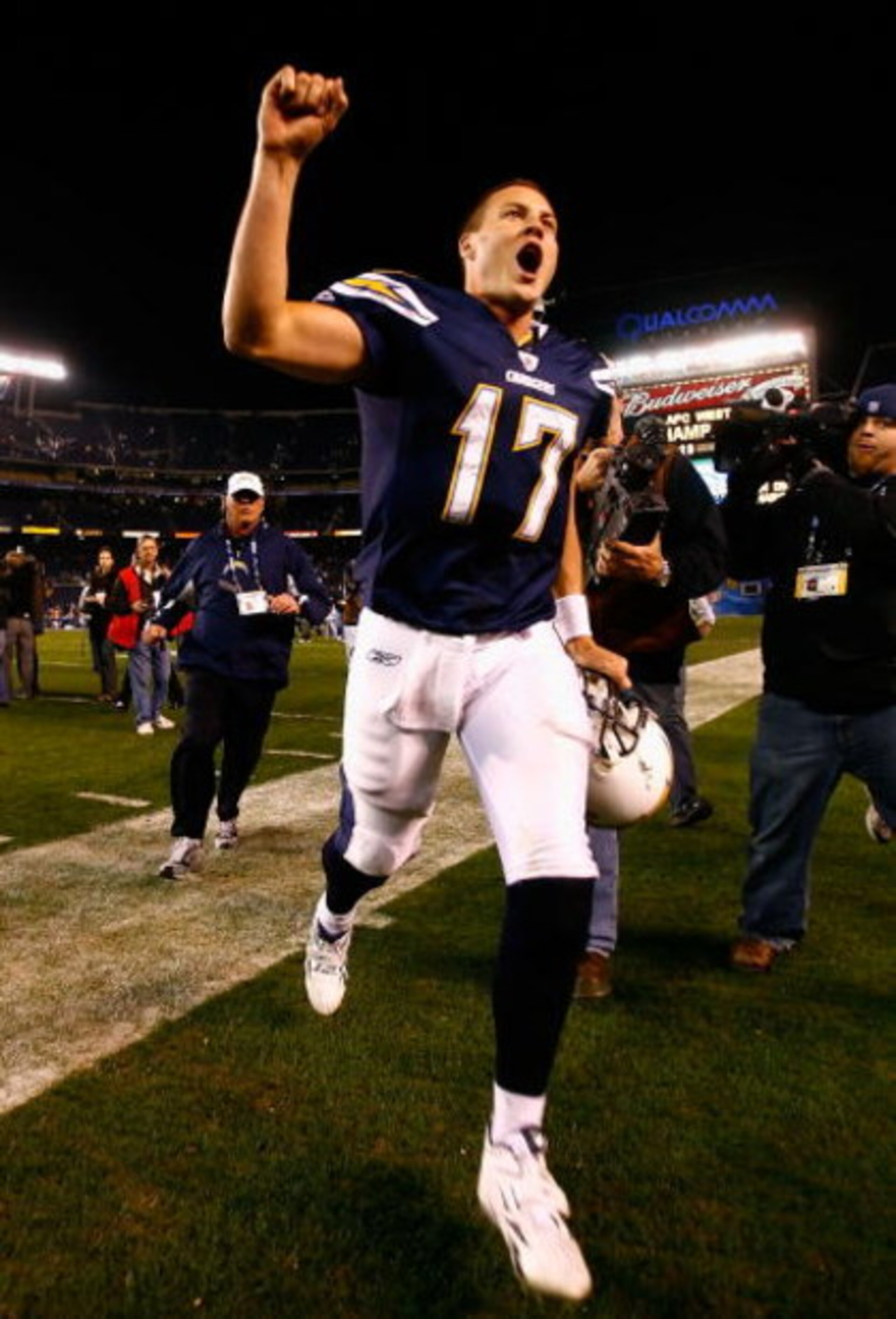 SAN DIEGO - DECEMBER 28:  Quarterback Philip Rivers #17 of the San Diego Chargers celebrates after defeating the Denver Broncos in the NFL game at Qualcomm Stadium on December 28, 2008 in San Diego, California. The Chargers defeated the Broncos 52--21. (P