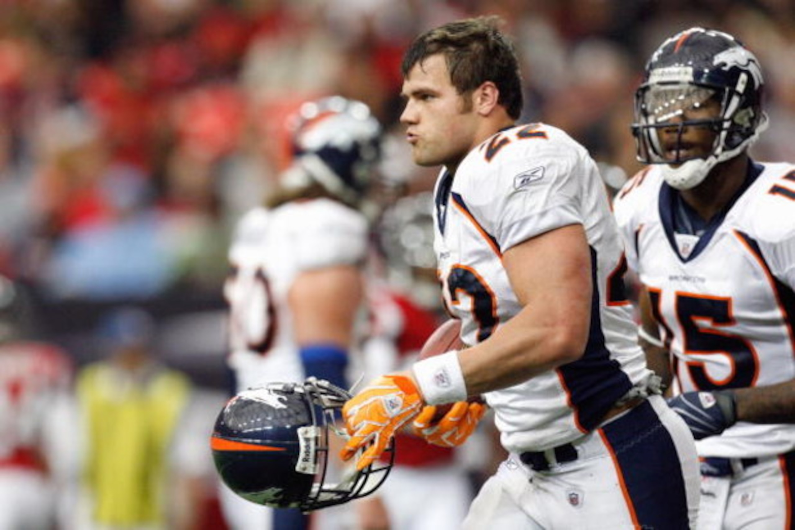 ATLANTA - NOVEMBER 16:  Peyton Hillis #22 of the Denver Broncos celebrates on the field during the game against the Atlanta Falcons at the Georgia Dome on November 16, 2008 in Atlanta, Georgia. The Broncos defeated the Falcons 24-20.  (Photo by Kevin C. C