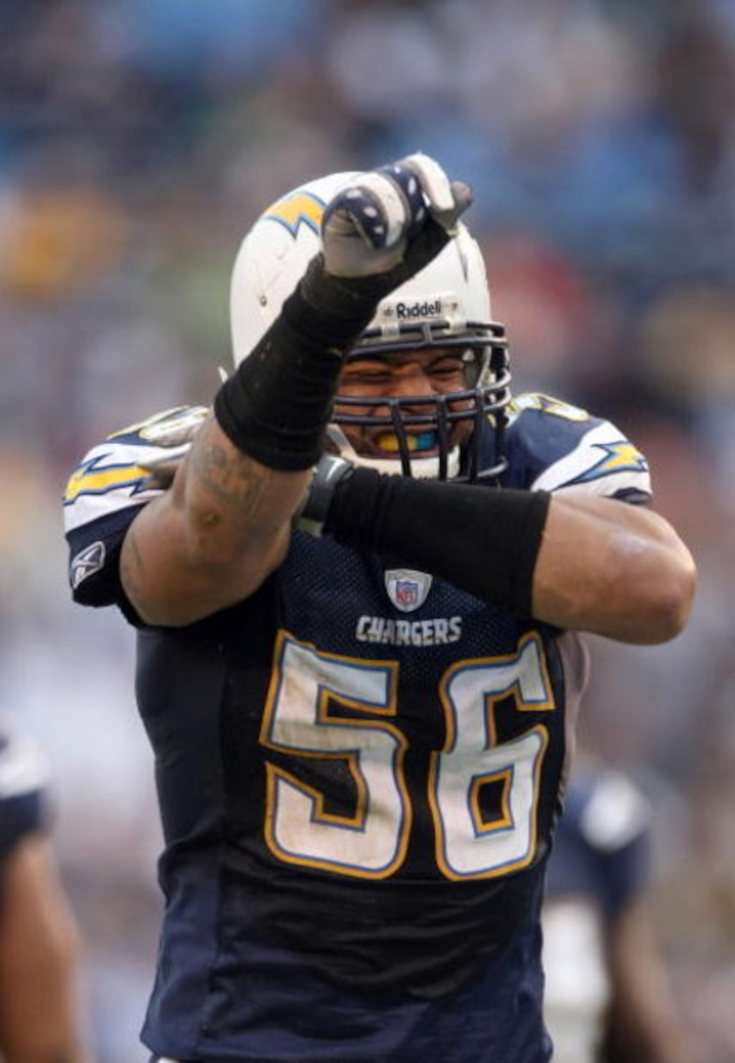 SAN DIEGO - NOVEMBER 25:  Shawne Merriman #56 of the San Diego Chargers reacts to a tackle against the Baltimore Ravens en route to the Chargers's 32-14 win during their NFL Game at Qualcomm Stadium November 25, 2007 in San Diego, California.  (Photo by D