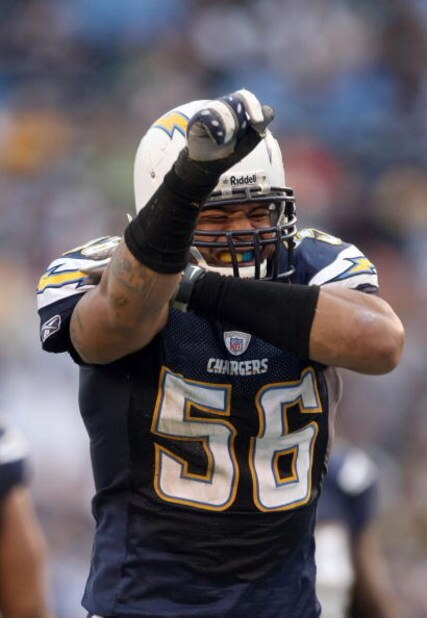 SAN DIEGO - NOVEMBER 25:  Shawne Merriman #56 of the San Diego Chargers reacts to a tackle against the Baltimore Ravens en route to the Chargers's 32-14 win during their NFL Game at Qualcomm Stadium November 25, 2007 in San Diego, California.  (Photo by D