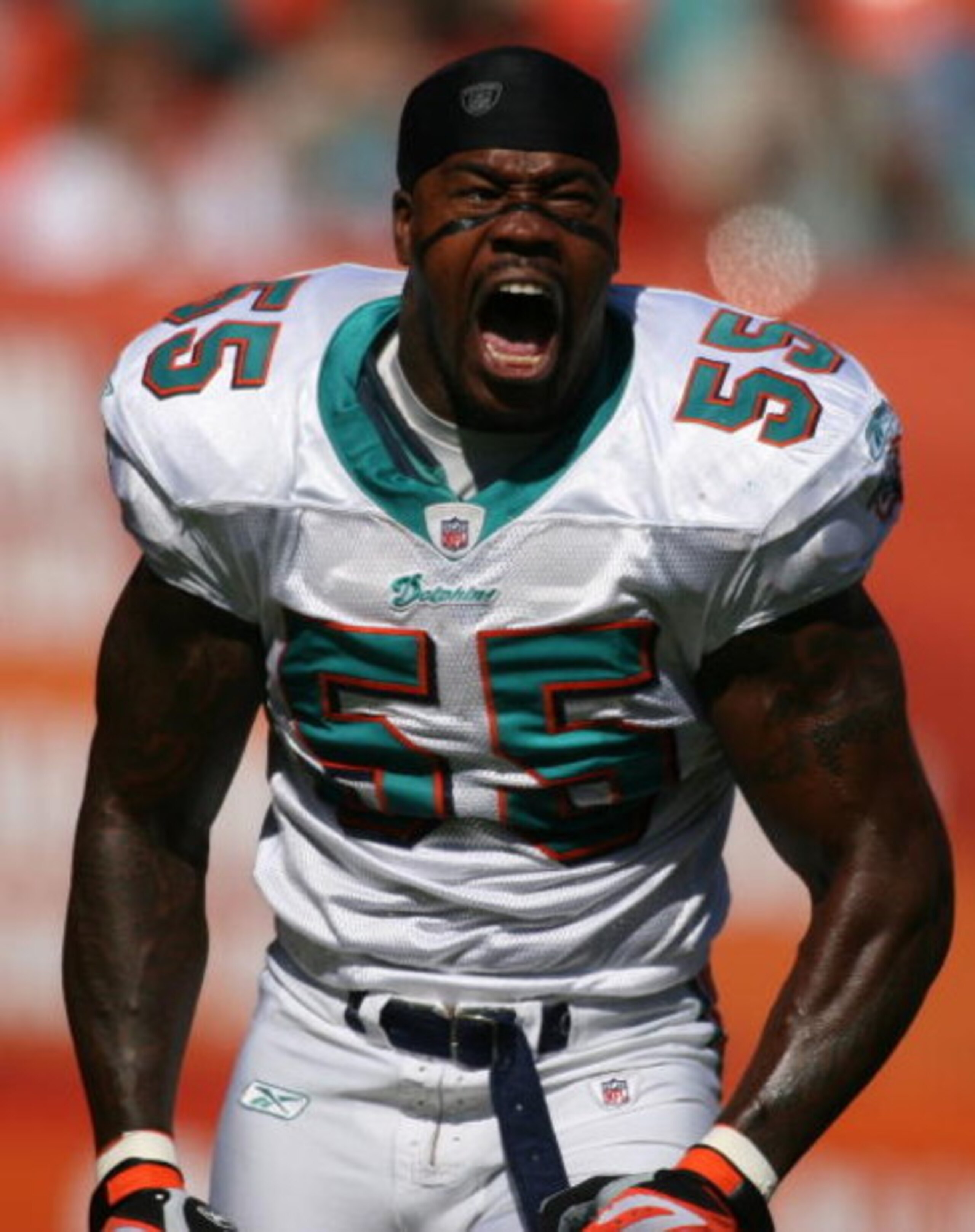 MIAMI - NOVEMBER 16:  Linebacker Joey Porter #55 of the Miami Dolphins prepares for a game against the Oakland Raiders at Dolphin Stadium November 16, 2008 in Miami, Florida. Miami defeated Oakland 17-15.  (Photo by Marc Serota/Getty Images)